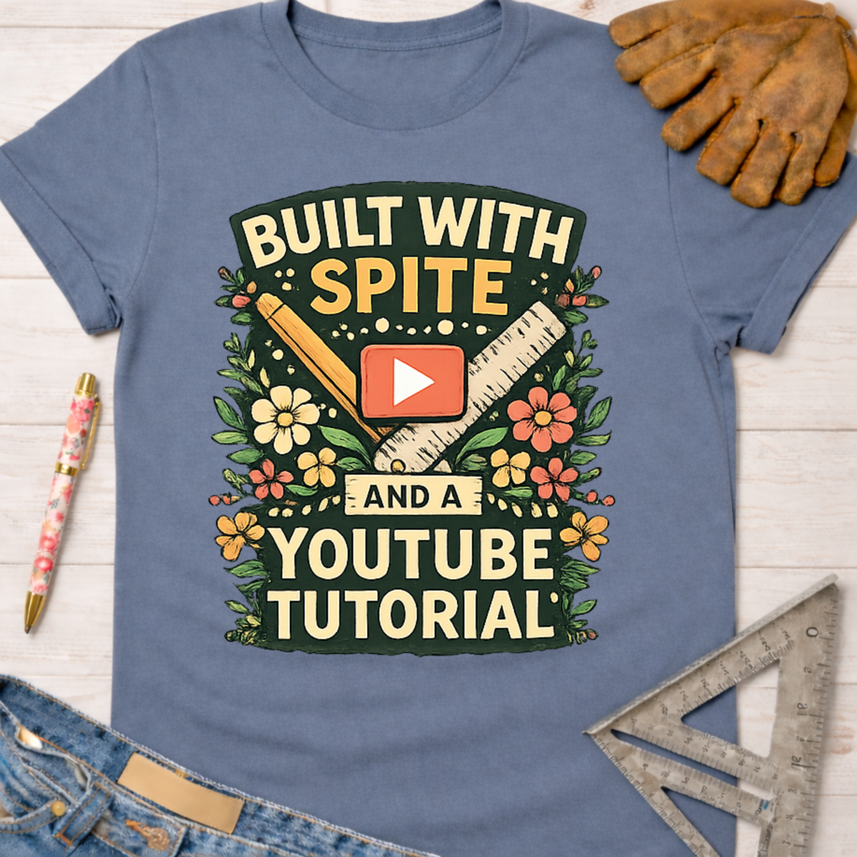 Women's funny woodworking graphic tee shirt for female woodworkers, makers, and DIY builders — Sawdust & Ponytails. Blue cotton tee with "Built With Spite And A YouTube Tutorial" graphic, featuring a pencil, ruler, play button, and flowers.