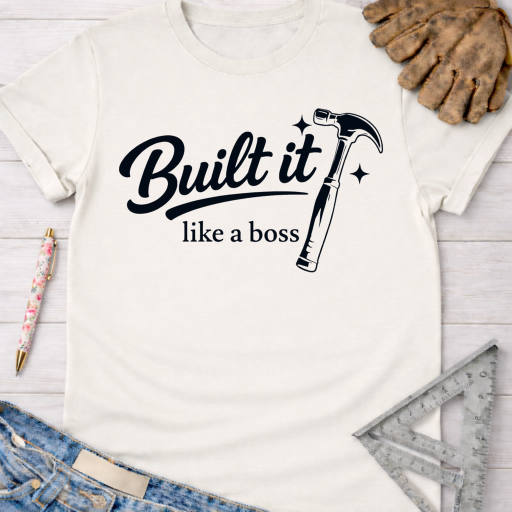 Women's funny woodworking graphic tee shirt for female woodworkers, makers, and DIY builders — Sawdust & Ponytails. Cream t-shirt with "Built it like a boss" text and hammer graphic.