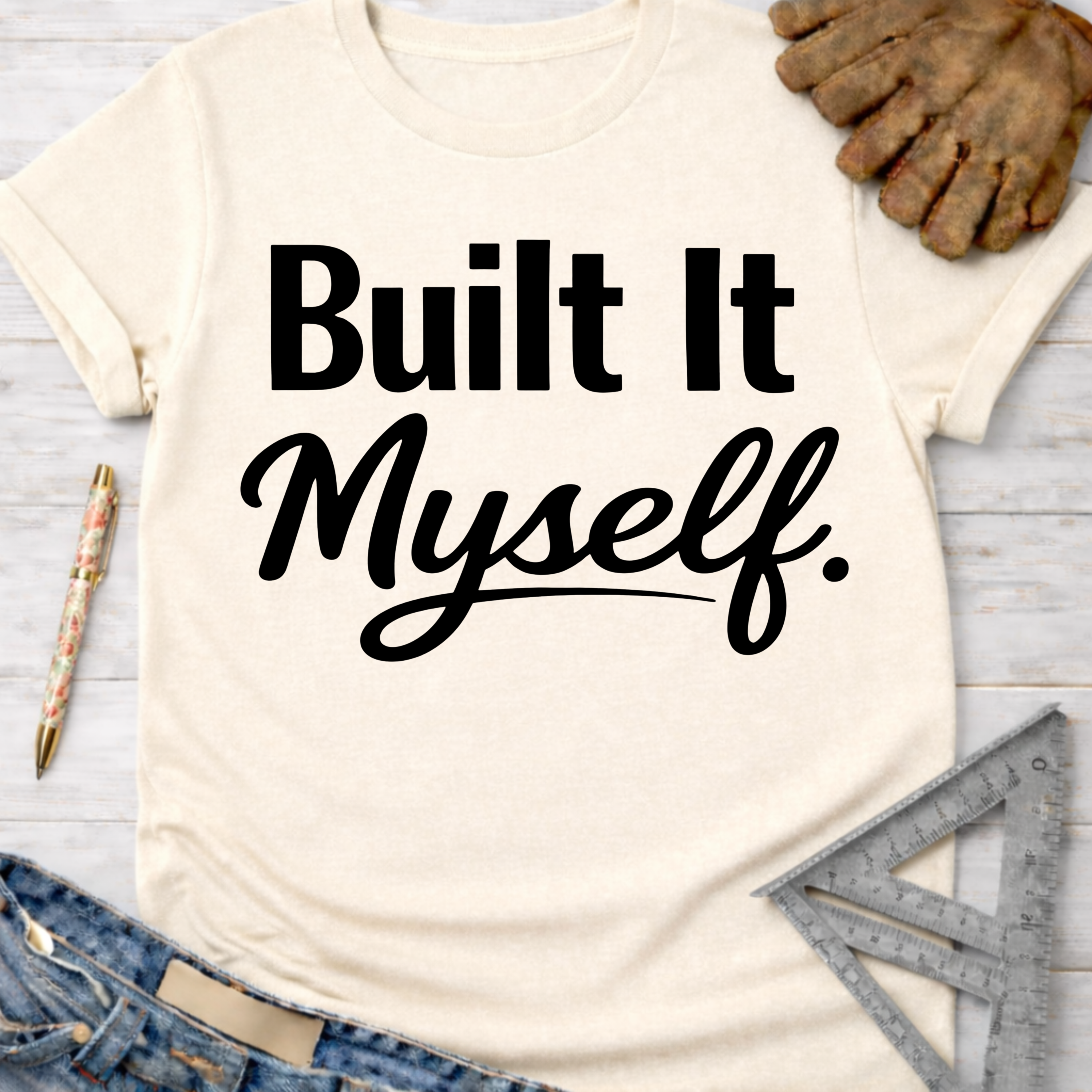 Women's funny woodworking graphic tee shirt for female woodworkers, makers, and DIY builders — Sawdust & Ponytails. Cream t-shirt with "Built It Myself" in black text.