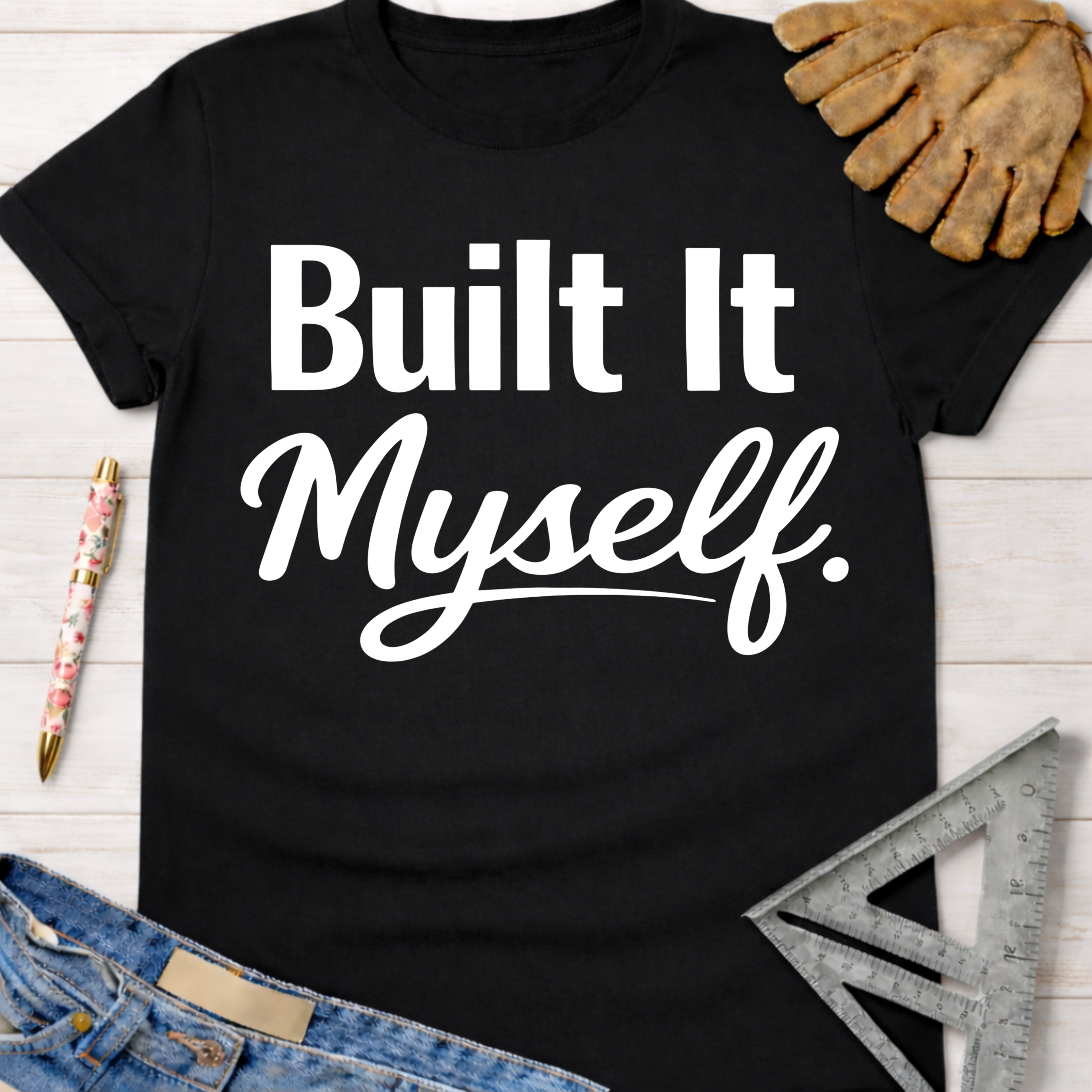 Black cotton "Built It Myself" graphic tee for women, with work glove, pen, and ruler. Women's funny woodworking graphic tee shirt for female woodworkers, makers, and DIY builders — Sawdust & Ponytails