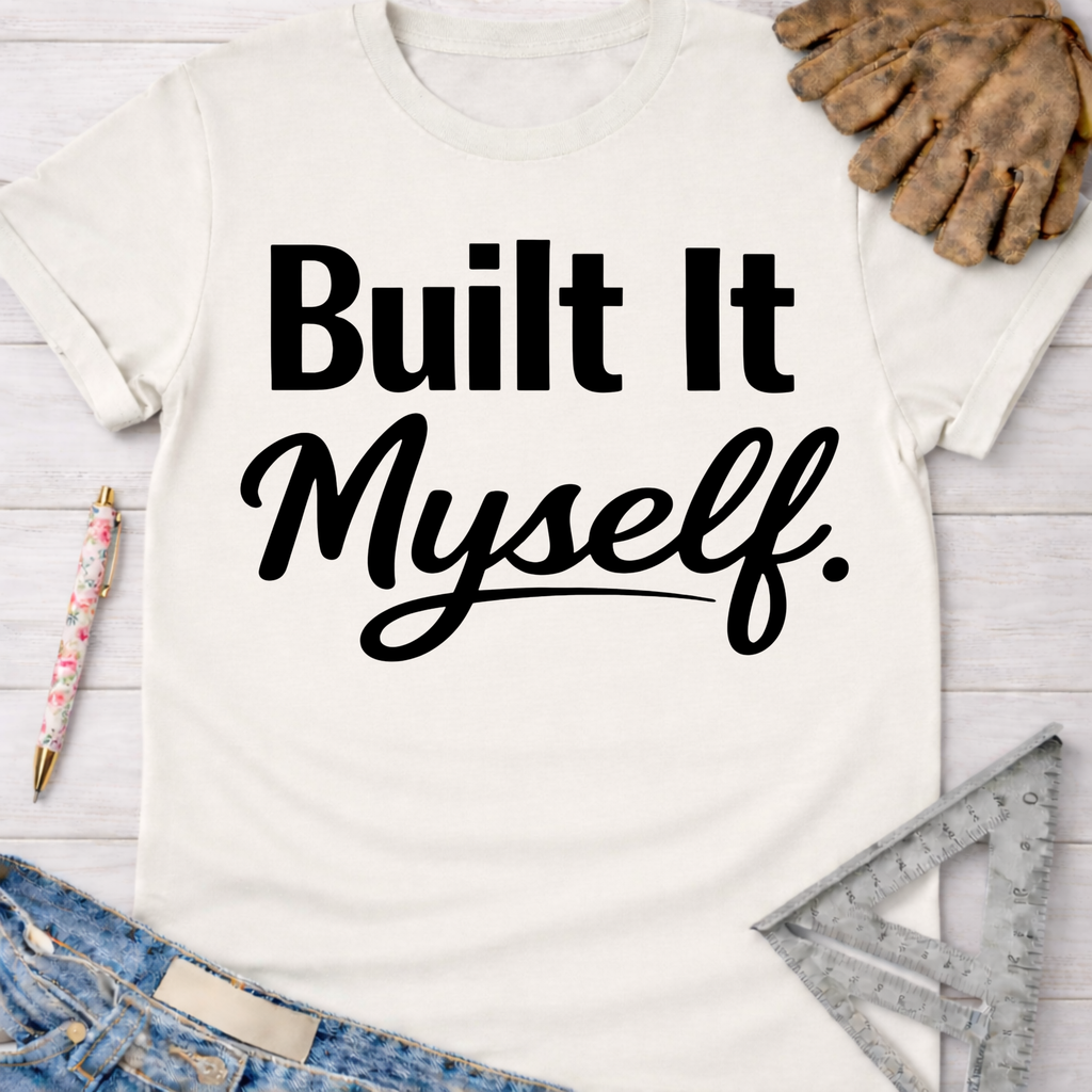 Women's funny woodworking graphic tee shirt for female woodworkers, makers, and DIY builders — Sawdust & Ponytails. Cream t-shirt with "Built It Myself" in black text.