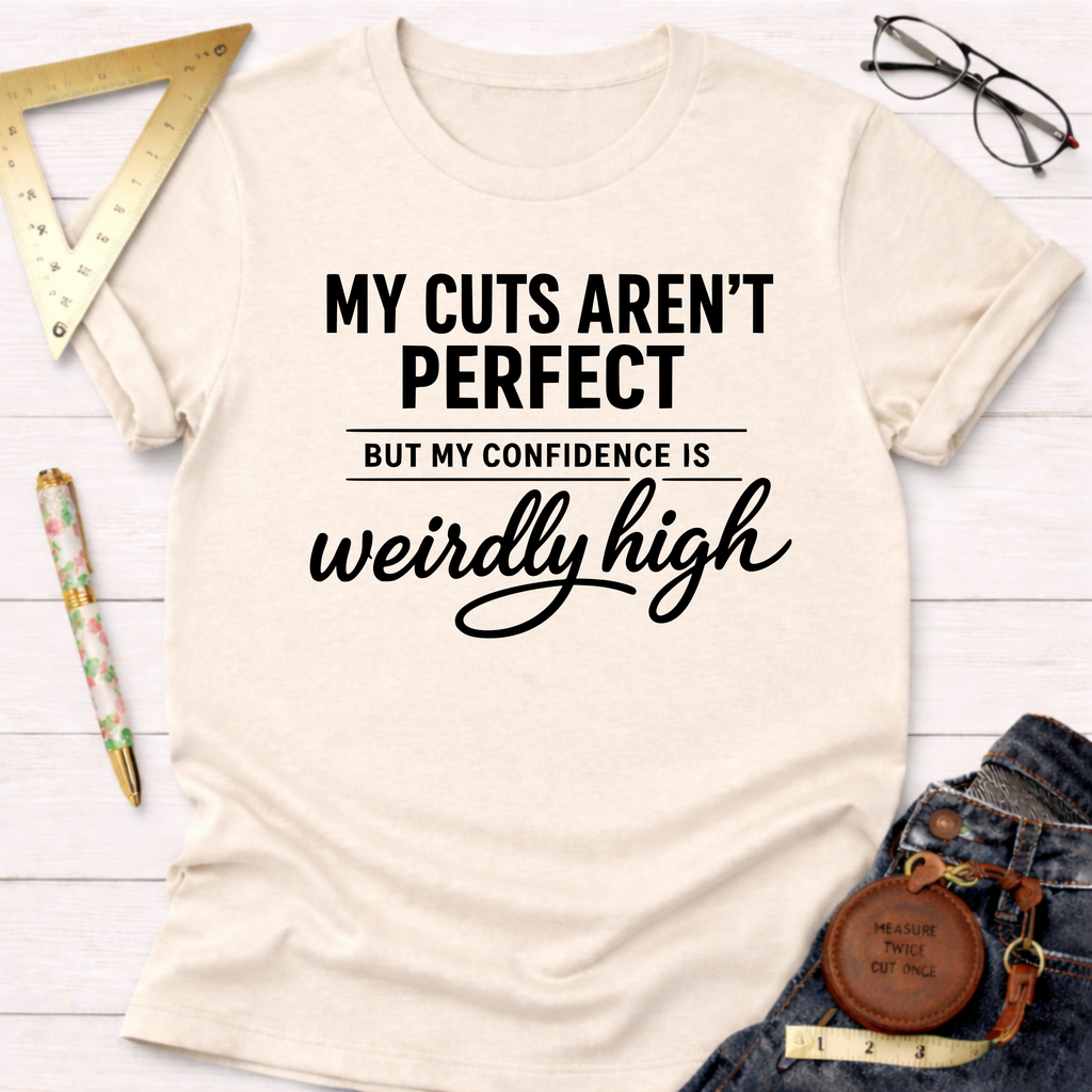 Women's funny woodworking graphic tee shirt for female woodworkers, makers, and DIY builders — Sawdust & Ponytails. Cream t-shirt with "My Cuts Aren't Perfect But My Confidence Is Weirdly High" text.