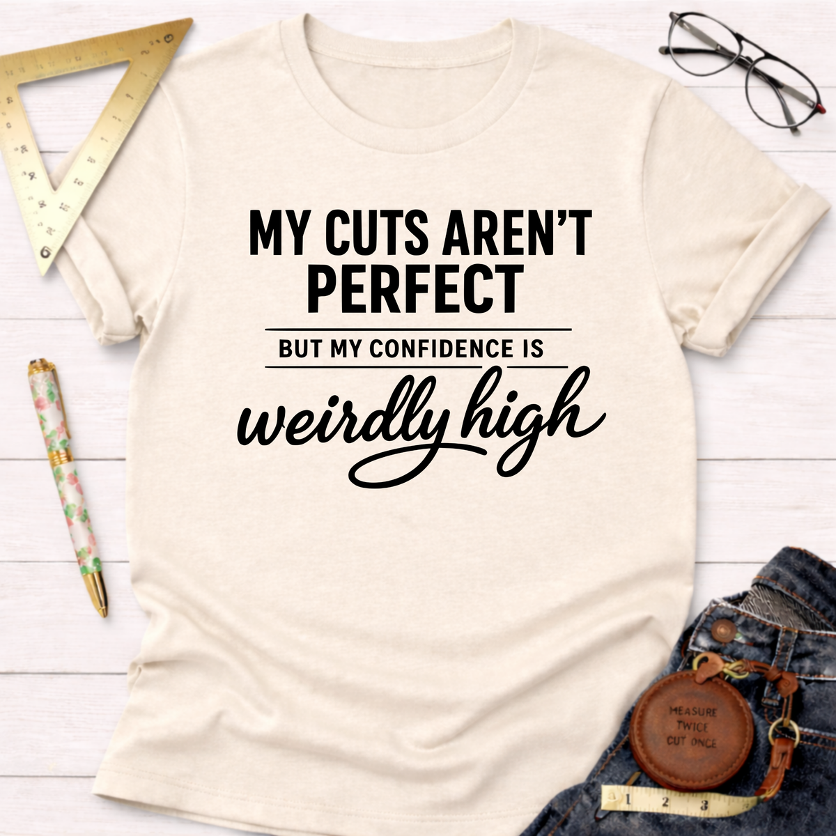 Women's funny woodworking graphic tee shirt for female woodworkers, makers, and DIY builders — Sawdust & Ponytails. Cream t-shirt with "My Cuts Aren't Perfect But My Confidence Is Weirdly High" text.
