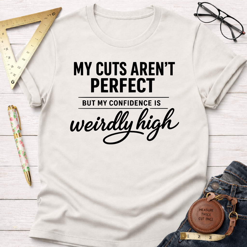 Women's funny woodworking graphic tee shirt for female woodworkers, makers, and DIY builders — Sawdust & Ponytails. Cream t-shirt with "My Cuts Aren't Perfect But My Confidence Is Weirdly High" text.