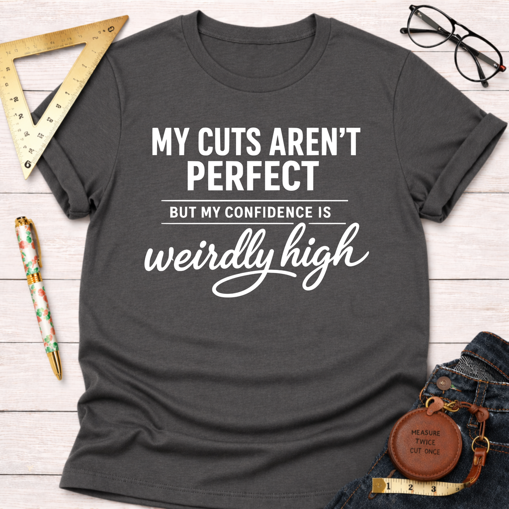 Women's funny woodworking graphic tee shirt for female woodworkers, makers, and DIY builders — Sawdust & Ponytails. Dark gray crewneck t-shirt with "My Cuts Aren't Perfect But My Confidence Is Weirdly High" in white text.
