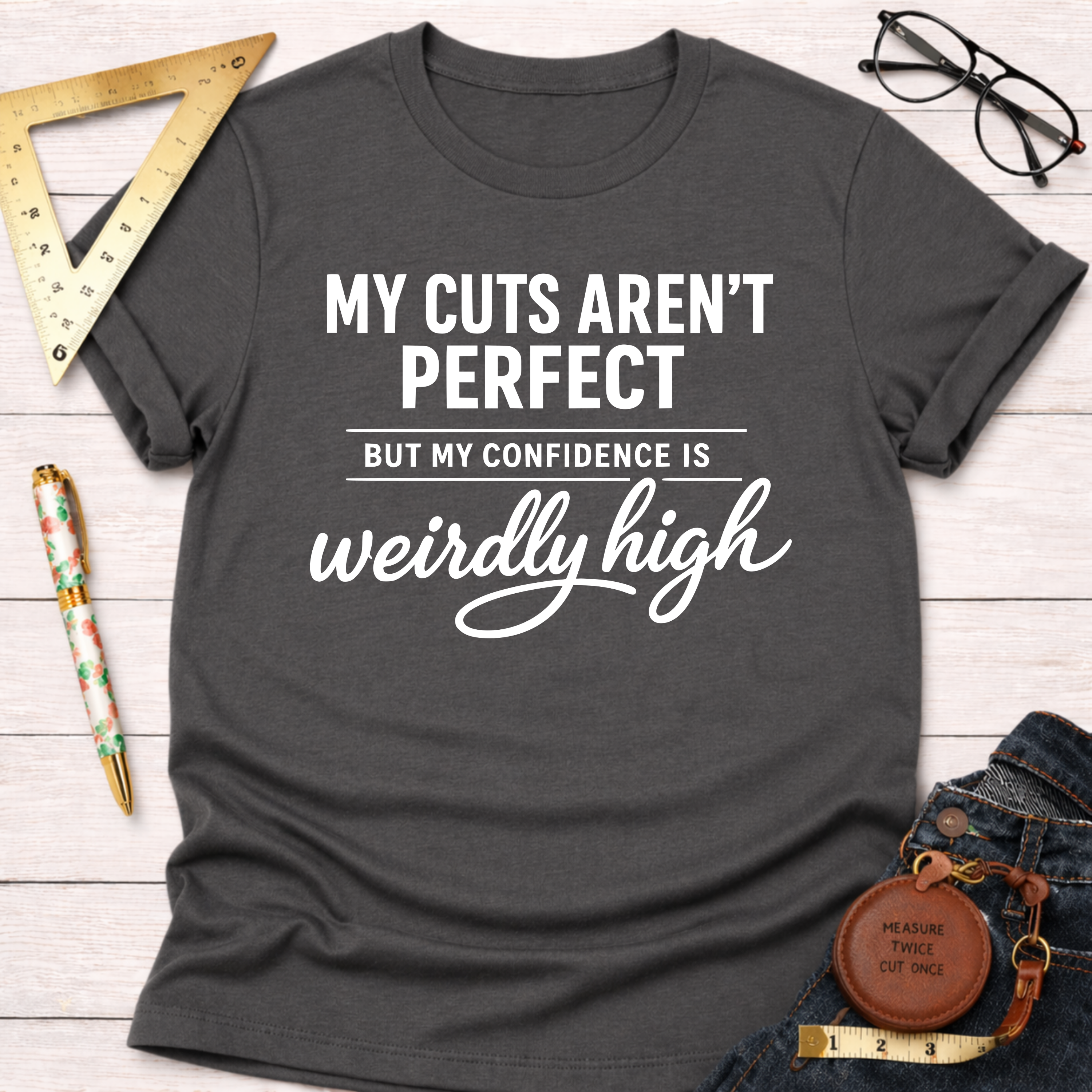 Women's funny woodworking graphic tee shirt for female woodworkers, makers, and DIY builders — Sawdust & Ponytails. Dark gray crewneck t-shirt with "My Cuts Aren't Perfect But My Confidence Is Weirdly High" in white text.