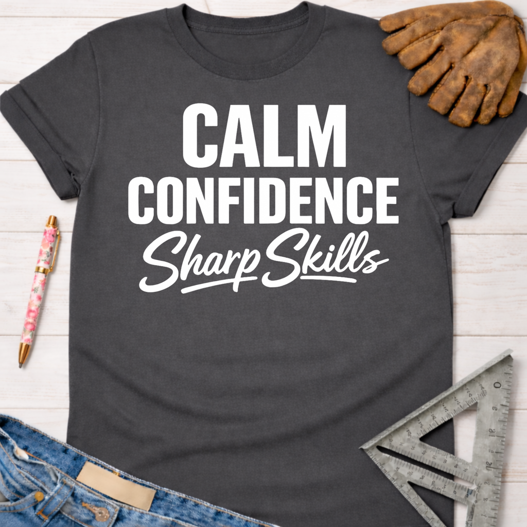 Women's funny woodworking graphic tee shirt for female woodworkers, makers, and DIY builders — Sawdust & Ponytails. Dark gray cotton t-shirt with "Calm Confidence Sharp Skills" in white text.
