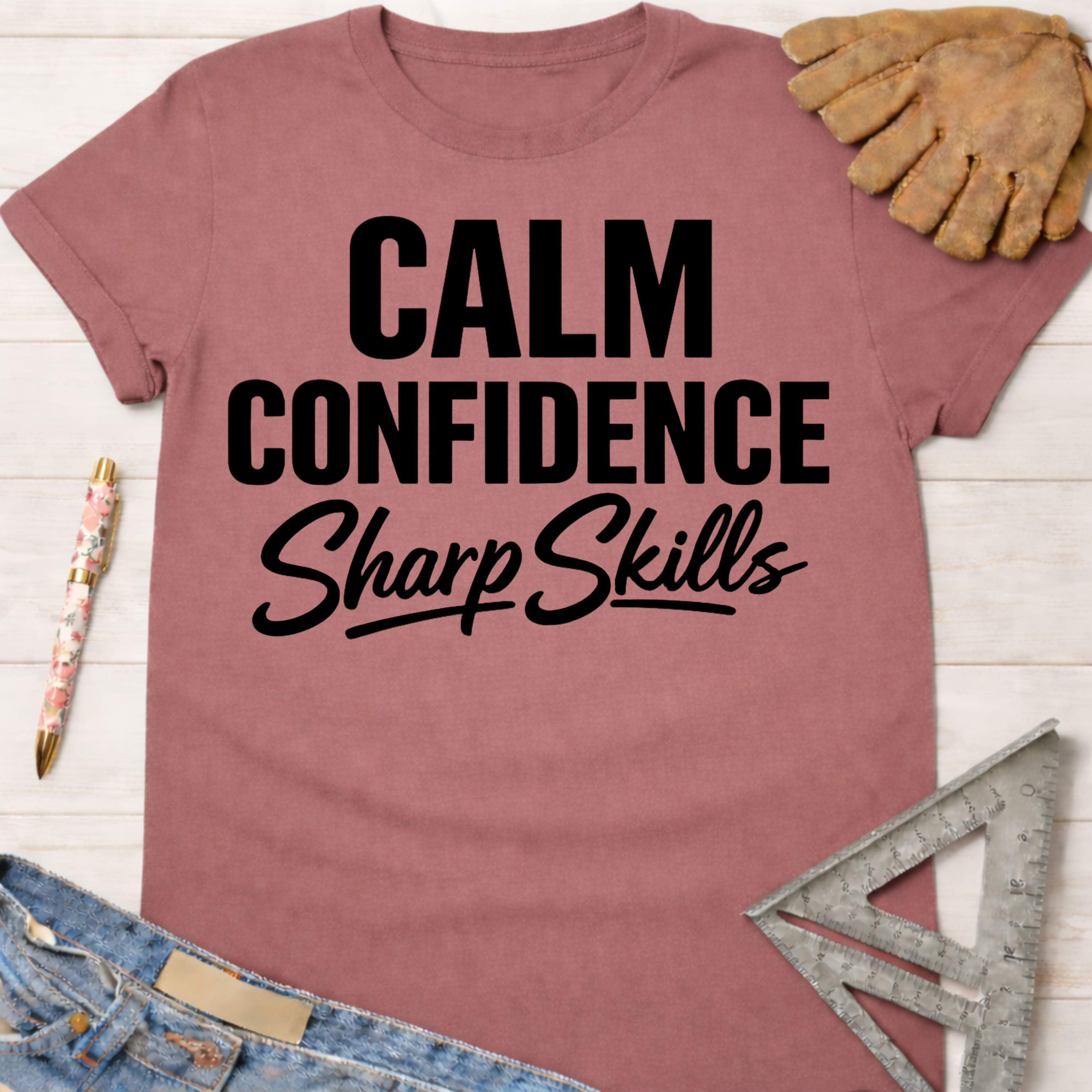 Women's funny woodworking graphic tee shirt for female woodworkers, makers, and DIY builders — Sawdust & Ponytails. Mauve cotton t-shirt with "Calm Confidence Sharp Skills" in black text.