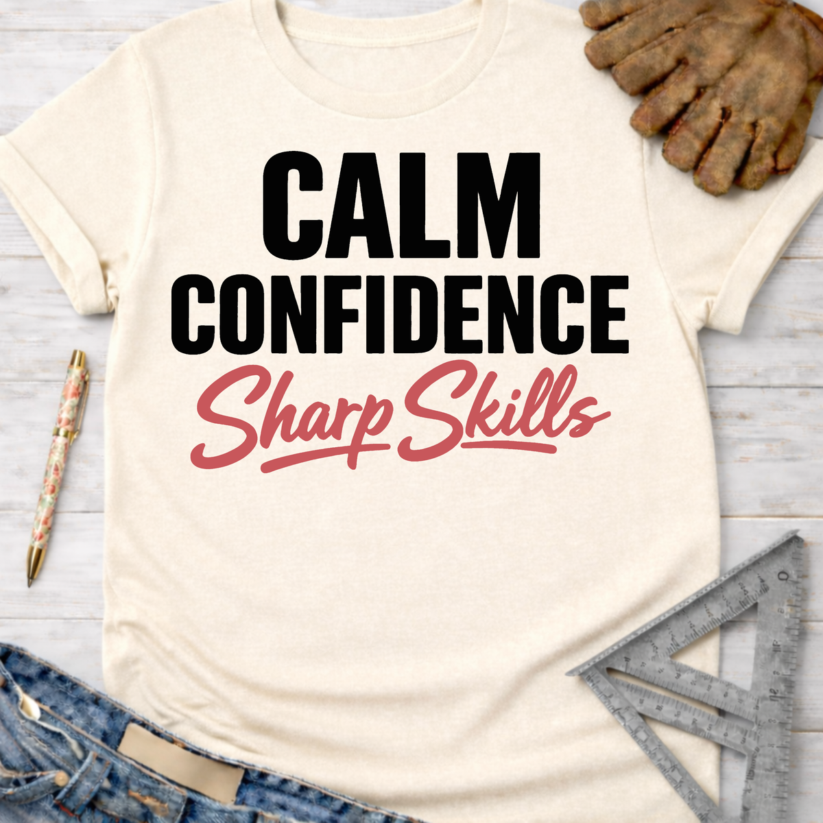 Women's funny woodworking graphic tee shirt for female woodworkers, makers, and DIY builders — Sawdust & Ponytails. Cream t-shirt with "Calm Confidence Sharp Skills" text.
