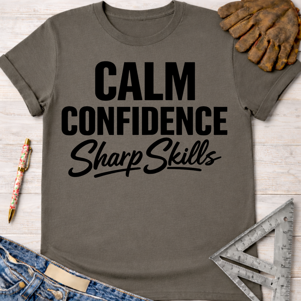 Women's funny woodworking graphic tee shirt for female woodworkers, makers, and DIY builders — Sawdust & Ponytails. Dark gray cotton tee with "Calm Confidence Sharp Skills" in black text.