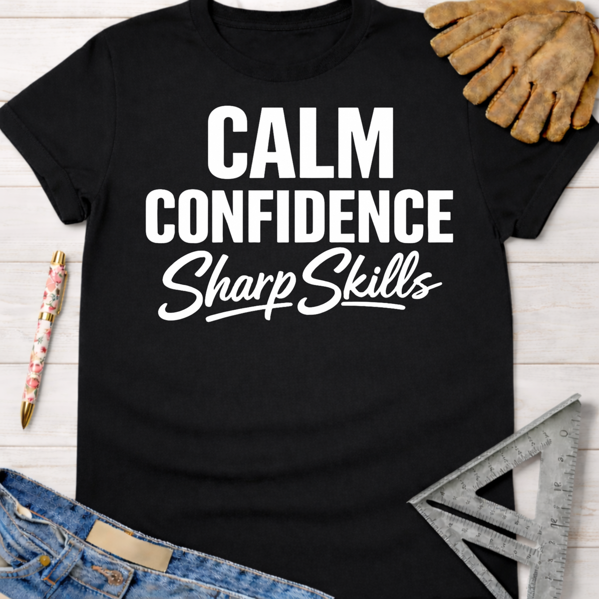 Women's black cotton "Calm Confidence Sharp Skills" graphic tee for woodworkers, makers, DIY builders — Sawdust & Ponytails.