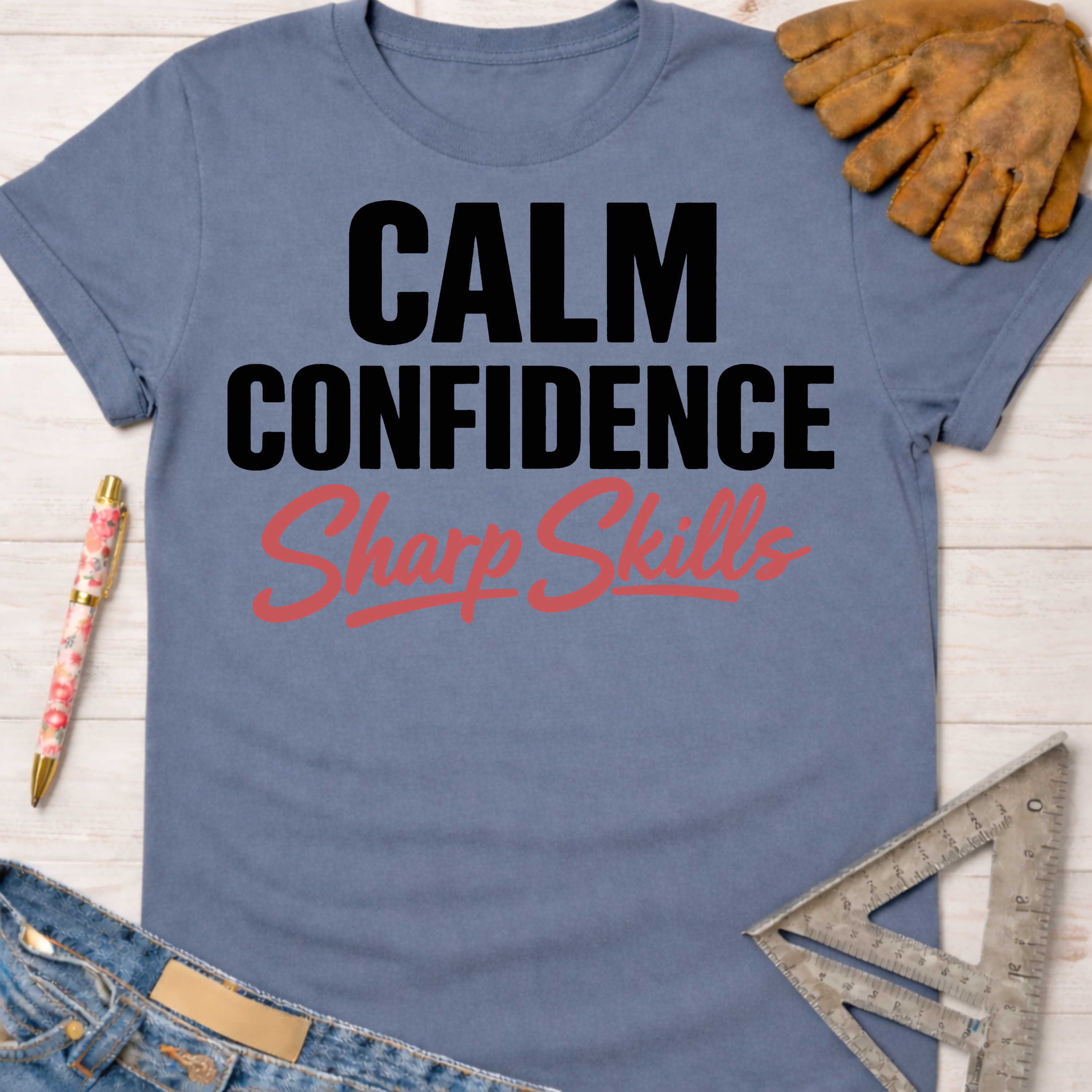 Women's funny woodworking graphic tee shirt for female woodworkers, makers, and DIY builders — Sawdust & Ponytails. Blue cotton t-shirt with "CALM CONFIDENCE Sharp Skills" text.