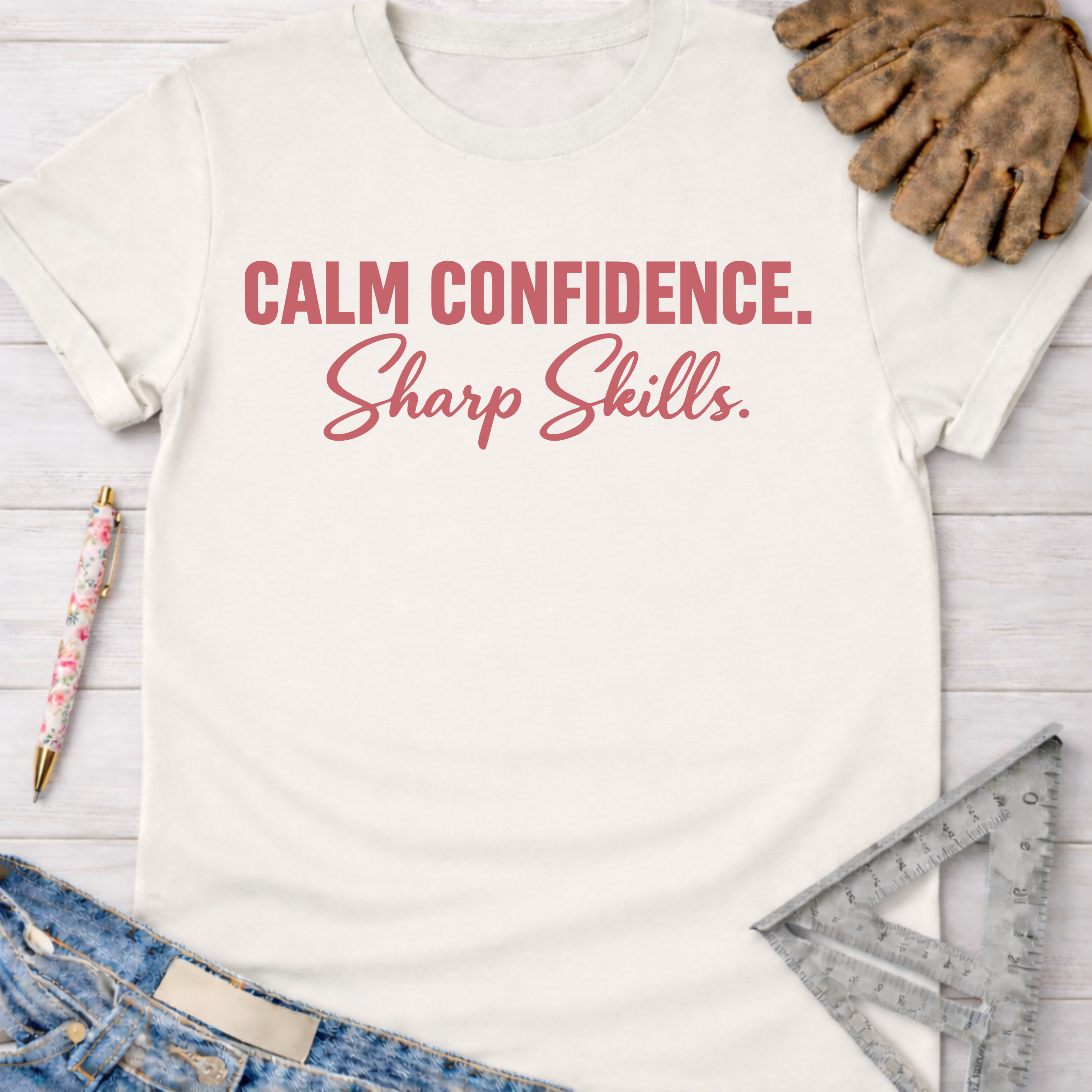 Off-white women's cotton t-shirt with "Calm Confidence. Sharp Skills." graphic, styled with jeans, work gloves, and tools.