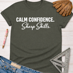Dark gray women's "Calm Confidence. Sharp Skills." graphic tee for female woodworkers, makers, and DIY builders — Sawdust & Ponytails