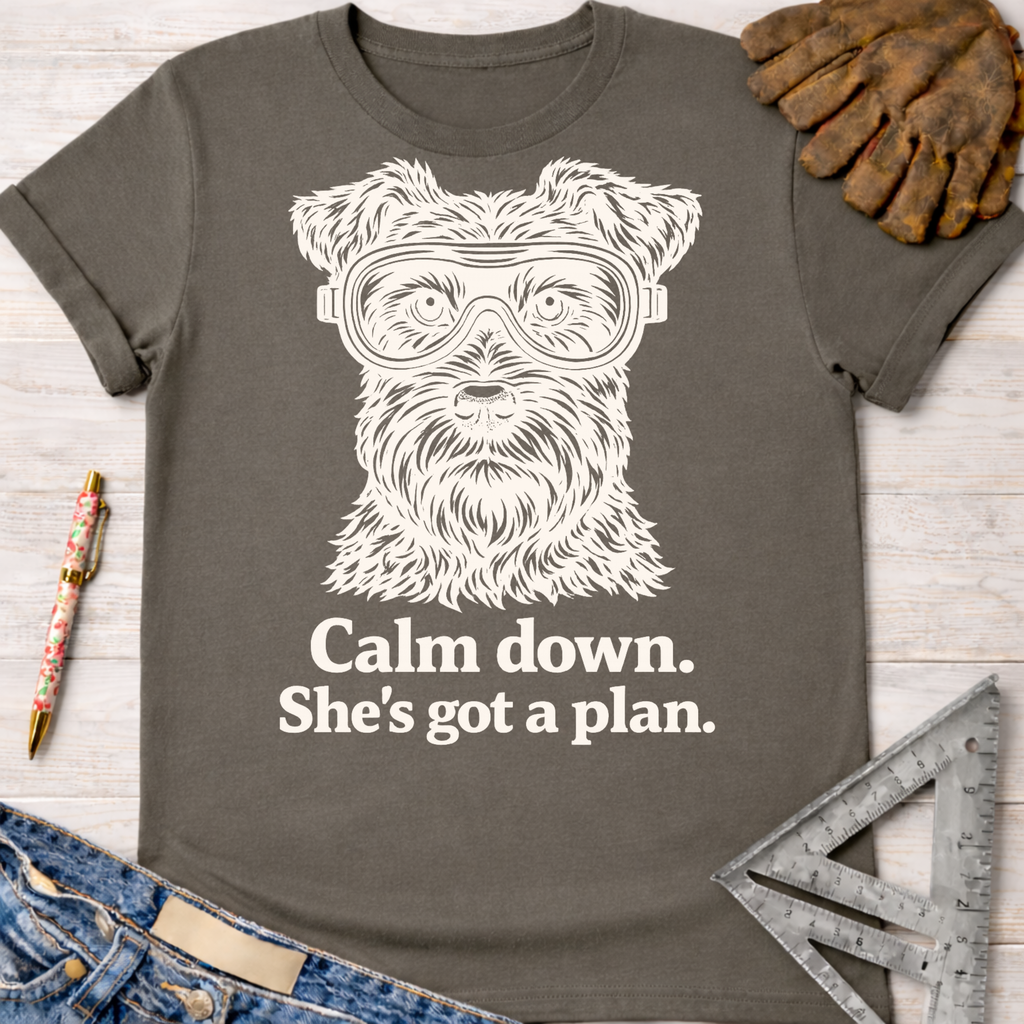 Women's funny woodworking graphic tee shirt for female woodworkers, makers, and DIY builders — Sawdust & Ponytails. Charcoal gray cotton tee with a white graphic of a dog wearing safety goggles and "Calm down. She's got a plan.