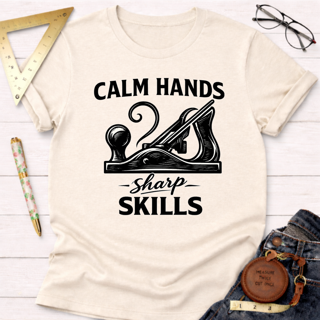 Cream t-shirt with "Calm Hands Sharp Skills" text and a black hand plane graphic.