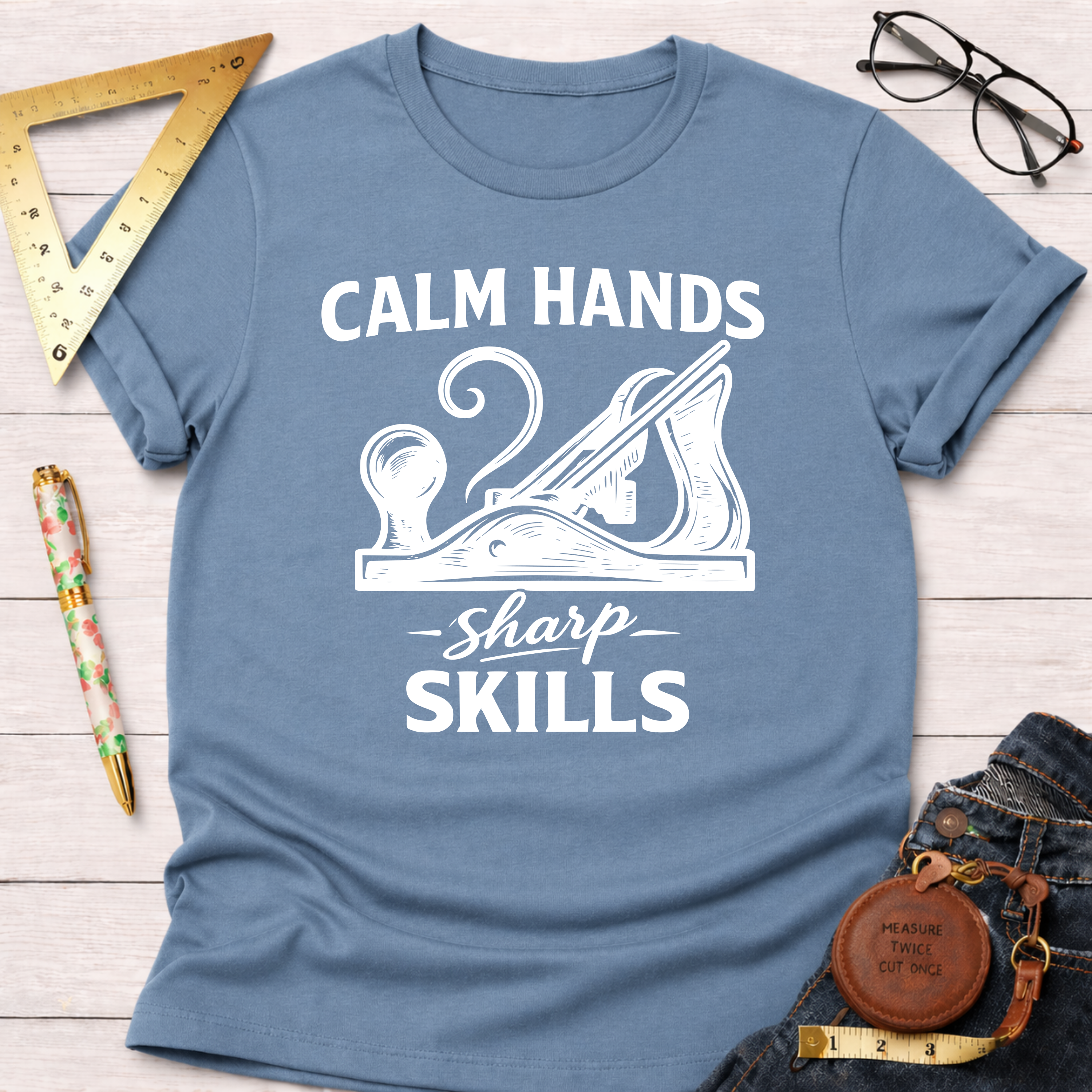 Blue cotton t-shirt with "Calm Hands Sharp Skills" text and a hand plane graphic.