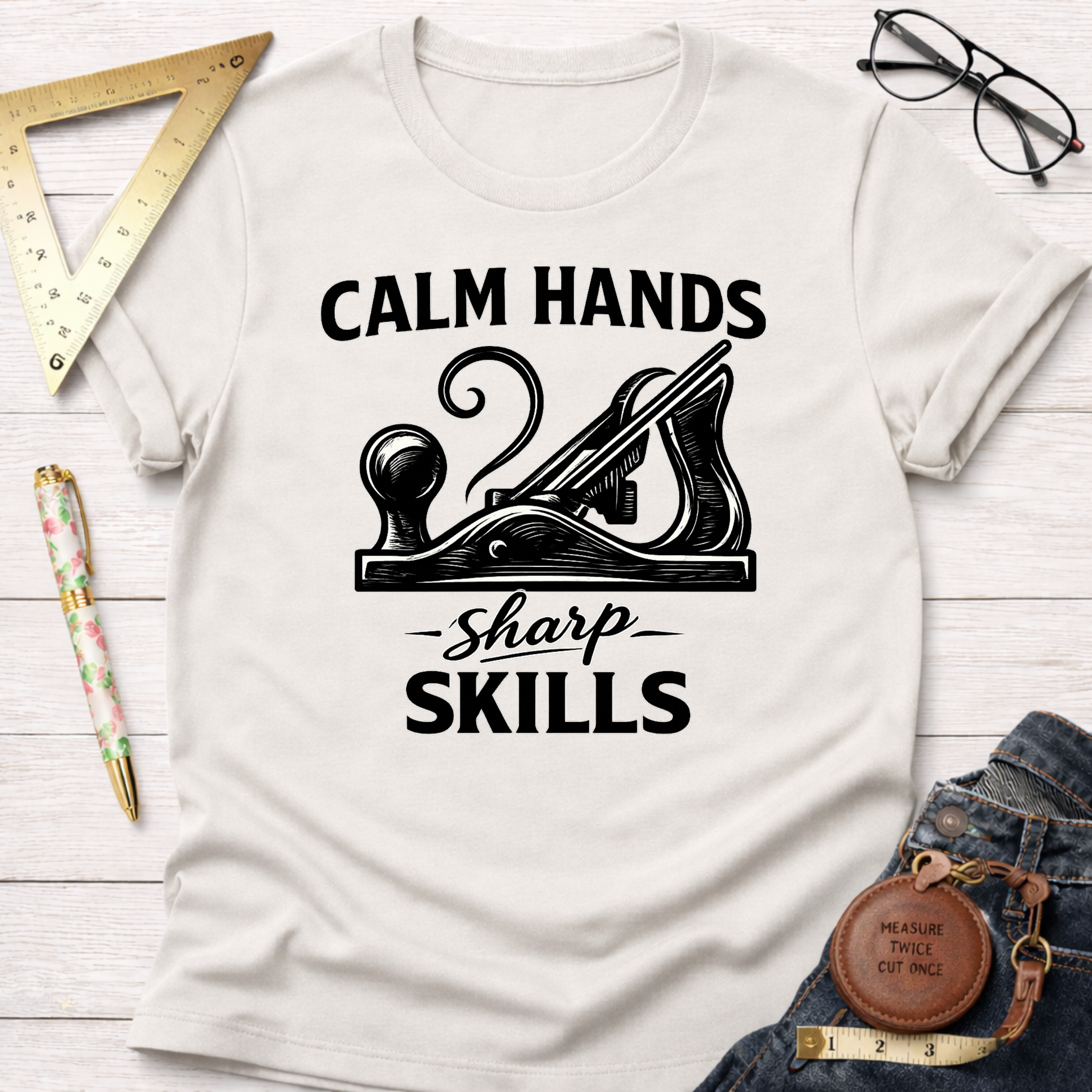 Calm Hands Sharp Skills T-shirt in cream with a black woodworking plane graphic, surrounded by tools.