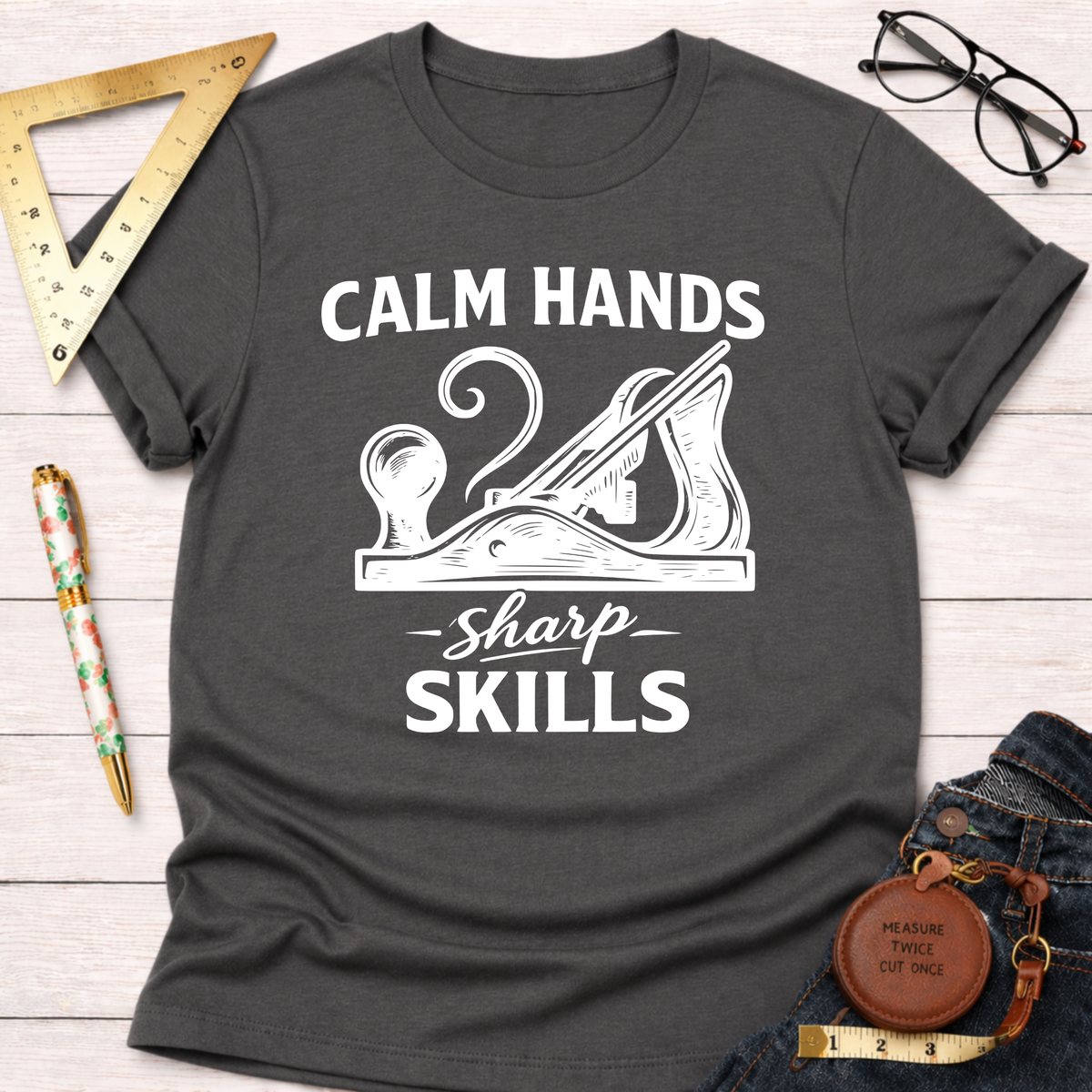 Dark gray "Calm Hands Sharp Skills" t-shirt with a hand plane graphic, styled with jeans and tools.