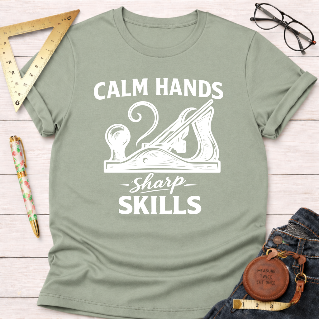 Sage green "Calm Hands Sharp Skills" t-shirt with a hand plane graphic, styled with jeans and tools.