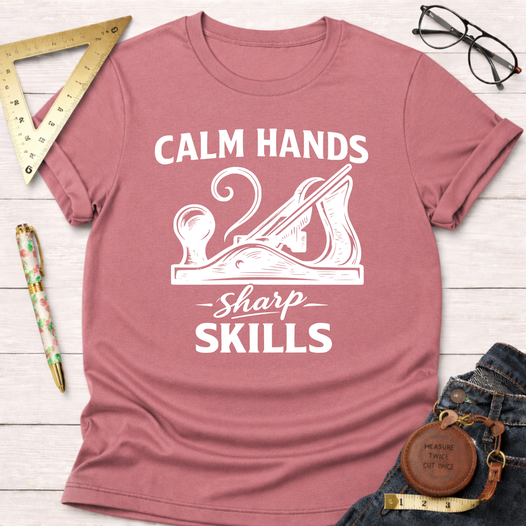 Dusty rose t-shirt with "Calm Hands Sharp Skills" text and a hand plane graphic, styled with jeans and tools.