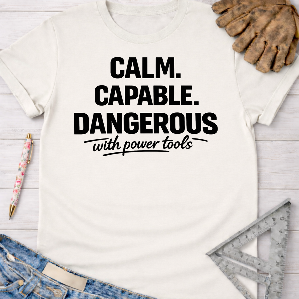 Women's funny woodworking graphic tee shirt for female woodworkers, makers, and DIY builders — Sawdust & Ponytails. White cotton t-shirt with "Calm. Capable. Dangerous with power tools" in black text.