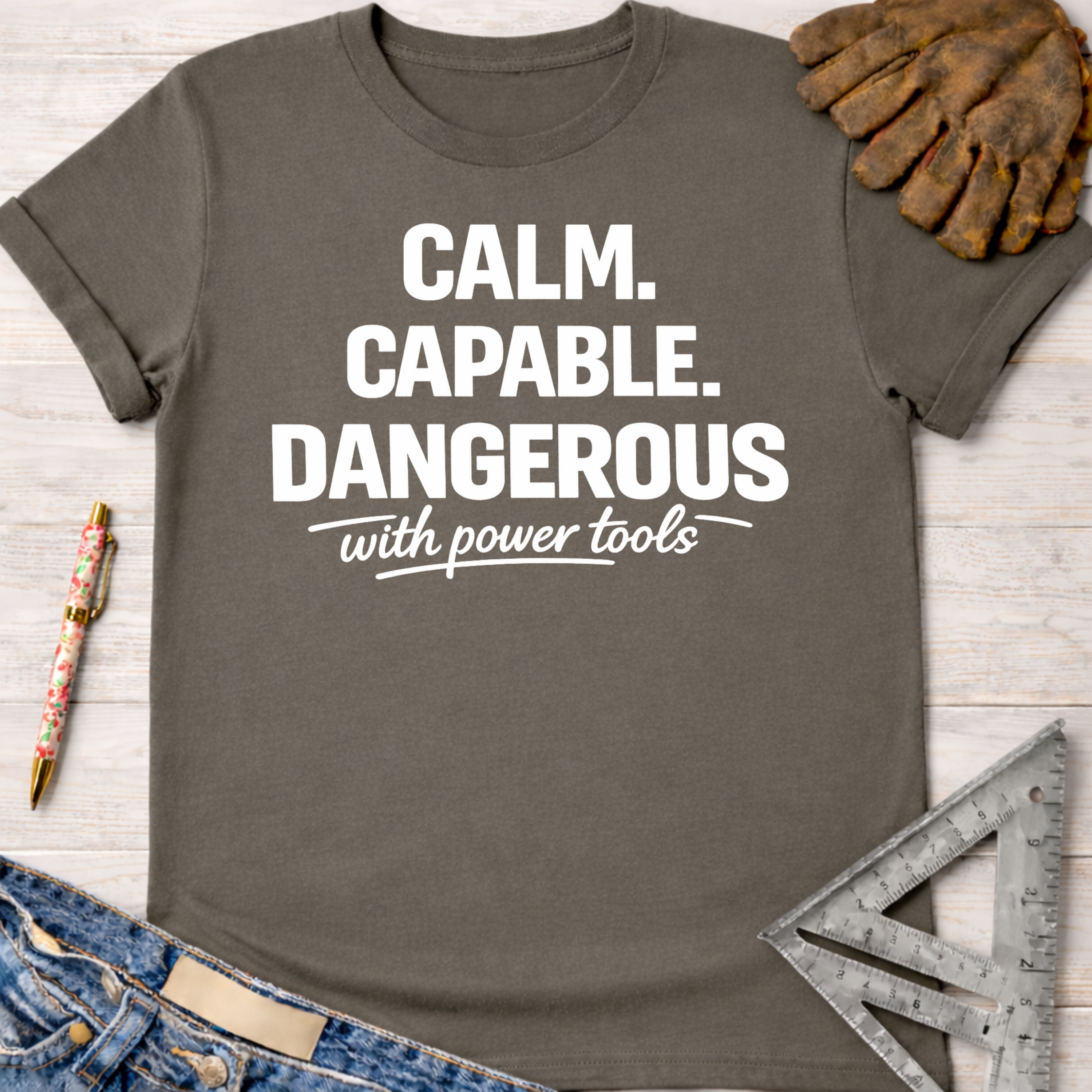 Charcoal gray women's "Calm. Capable. Dangerous with power tools" graphic tee. Women's funny woodworking graphic tee shirt for female woodworkers, makers, and DIY builders — Sawdust & Ponytails