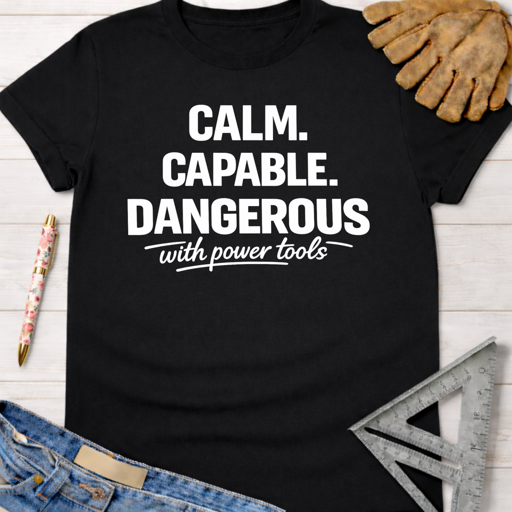 Black cotton "Calm. Capable. Dangerous with power tools" tee. Women's funny woodworking graphic tee shirt for female woodworkers, makers, and DIY builders — Sawdust & Ponytails