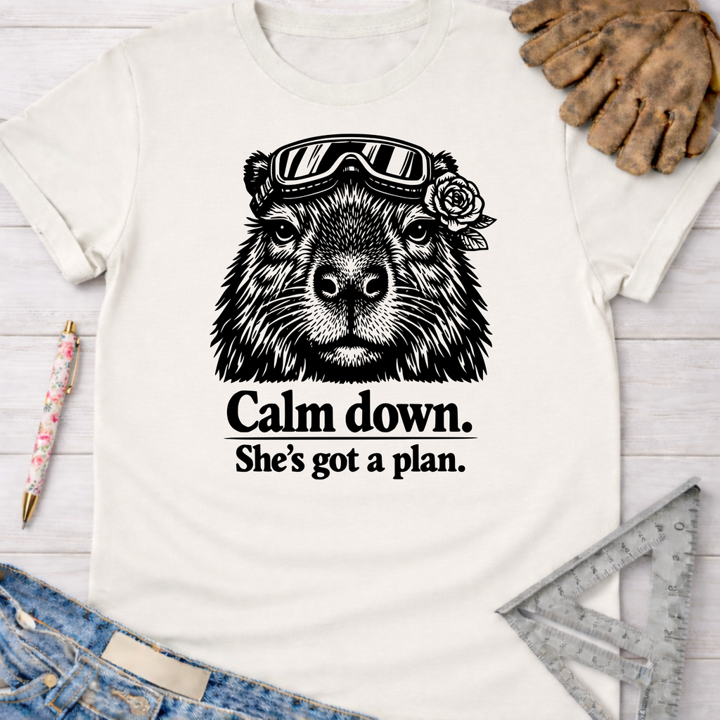 Women's funny woodworking graphic tee shirt for female woodworkers, makers, and DIY builders — Sawdust & Ponytails. White cotton tee with a black graphic of a capybara wearing goggles and a rose, with the text "Calm down. She's got a plan.