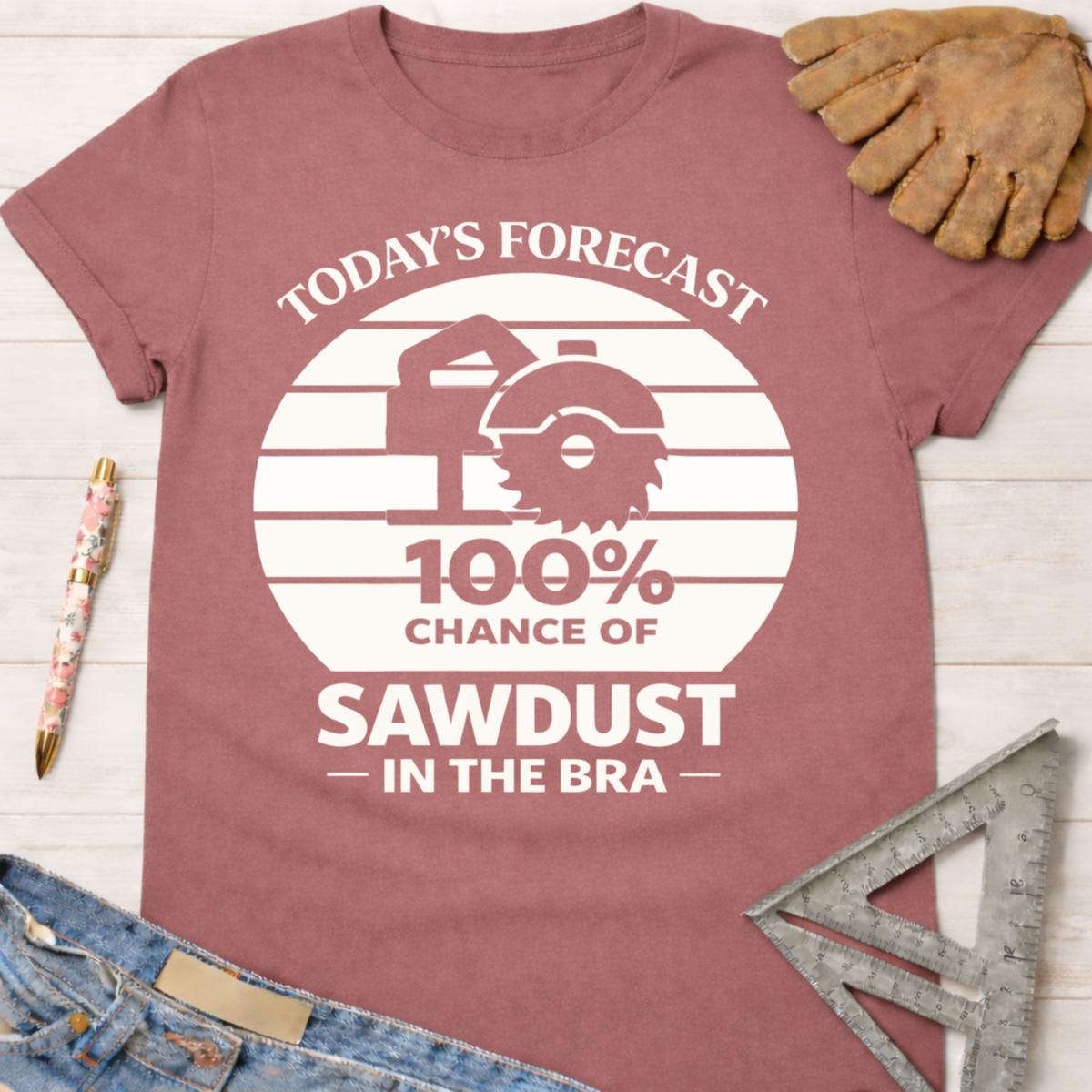 Women's funny woodworking graphic tee shirt for female woodworkers, makers, and DIY builders — Sawdust & Ponytails. Mauve t-shirt with "100% Chance of Sawdust in the Bra" graphic.