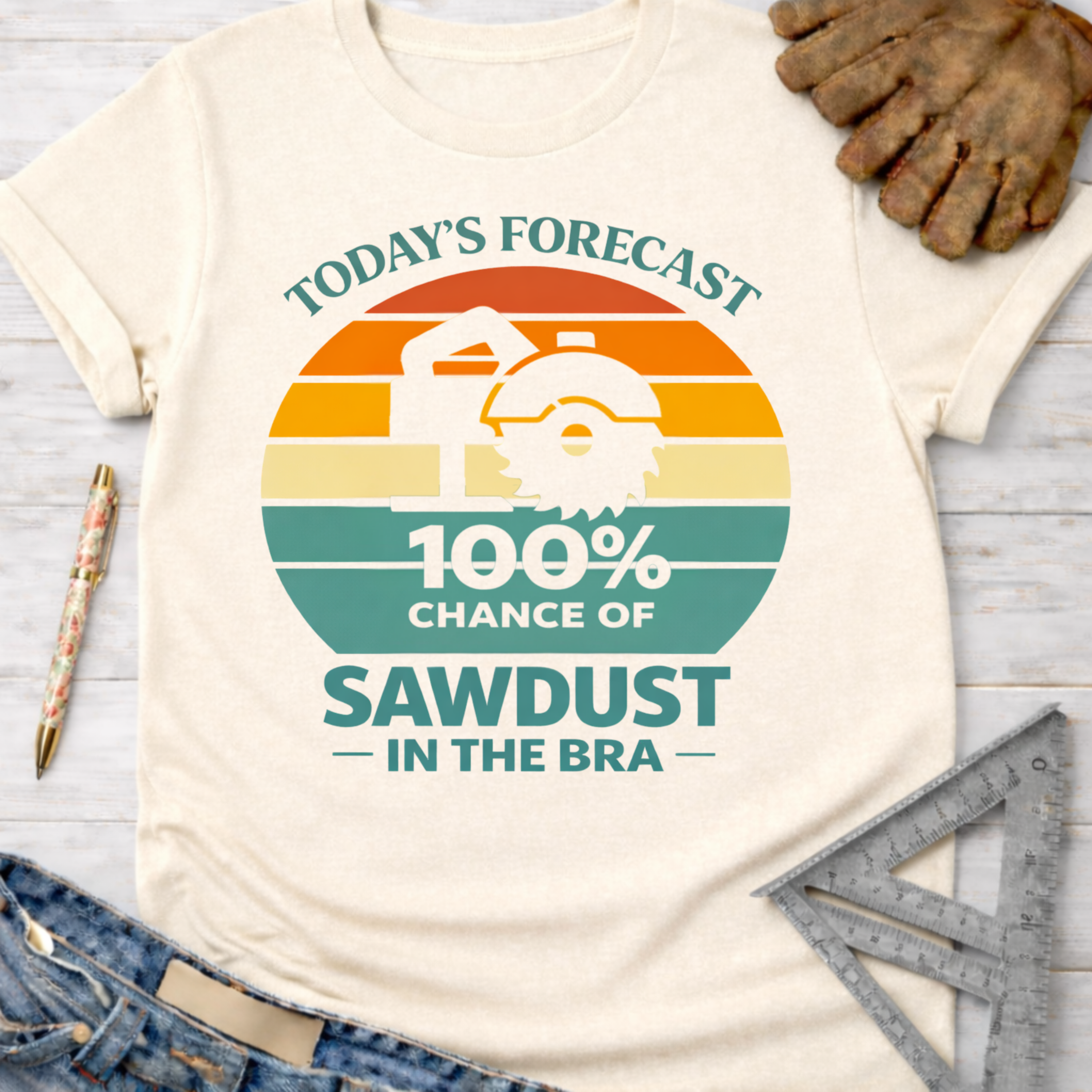 Women's funny woodworking graphic tee shirt for female woodworkers, makers, and DIY builders — Sawdust & Ponytails. Cream t-shirt with a retro sunset graphic and text "Today's Forecast 100% Chance of Sawdust in the Bra.