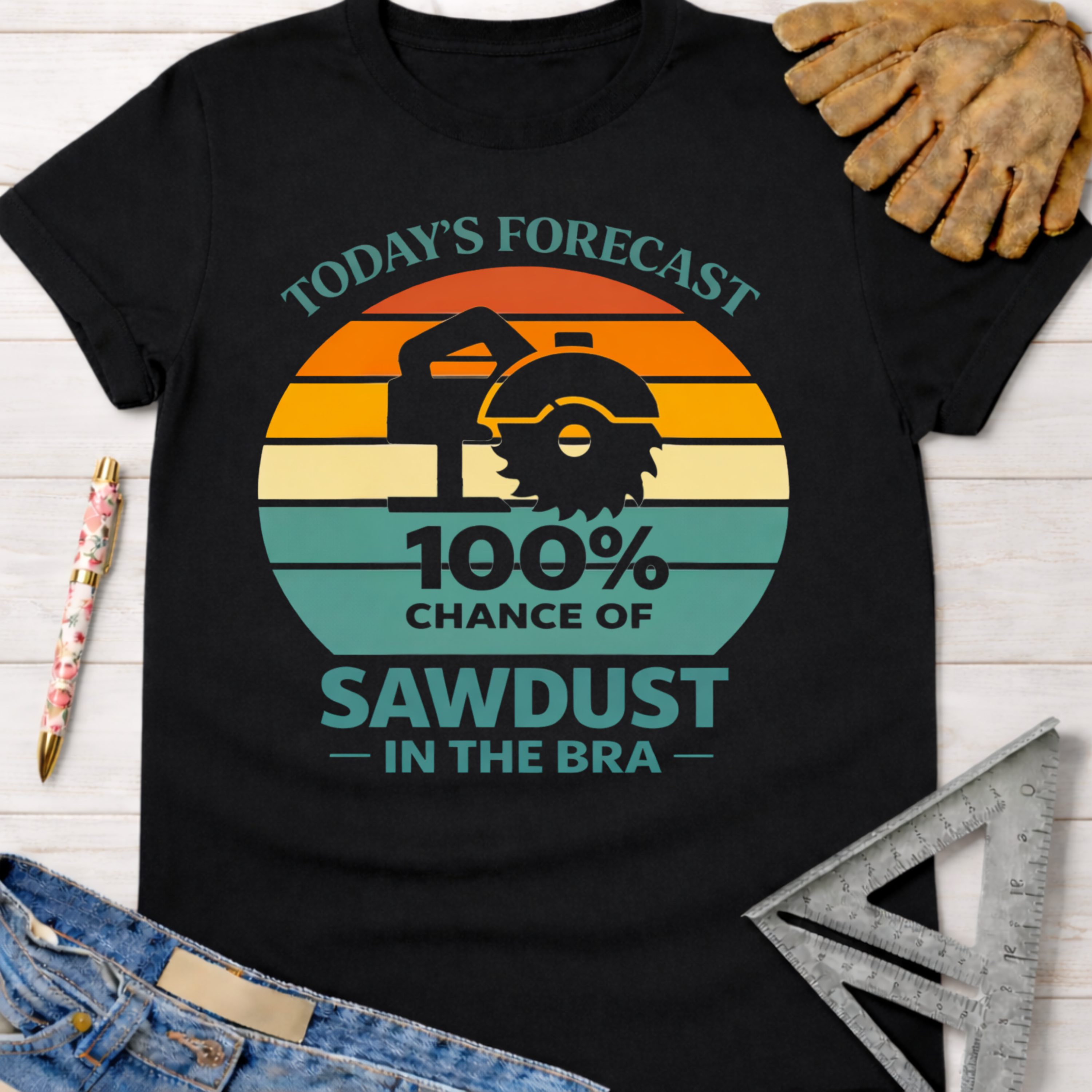 Women's funny woodworking graphic tee shirt for female woodworkers, makers, and DIY builders — Sawdust & Ponytails. Black cotton tee with a retro sunset graphic and "Today's Forecast: 100% Chance of Sawdust in the Bra" text.