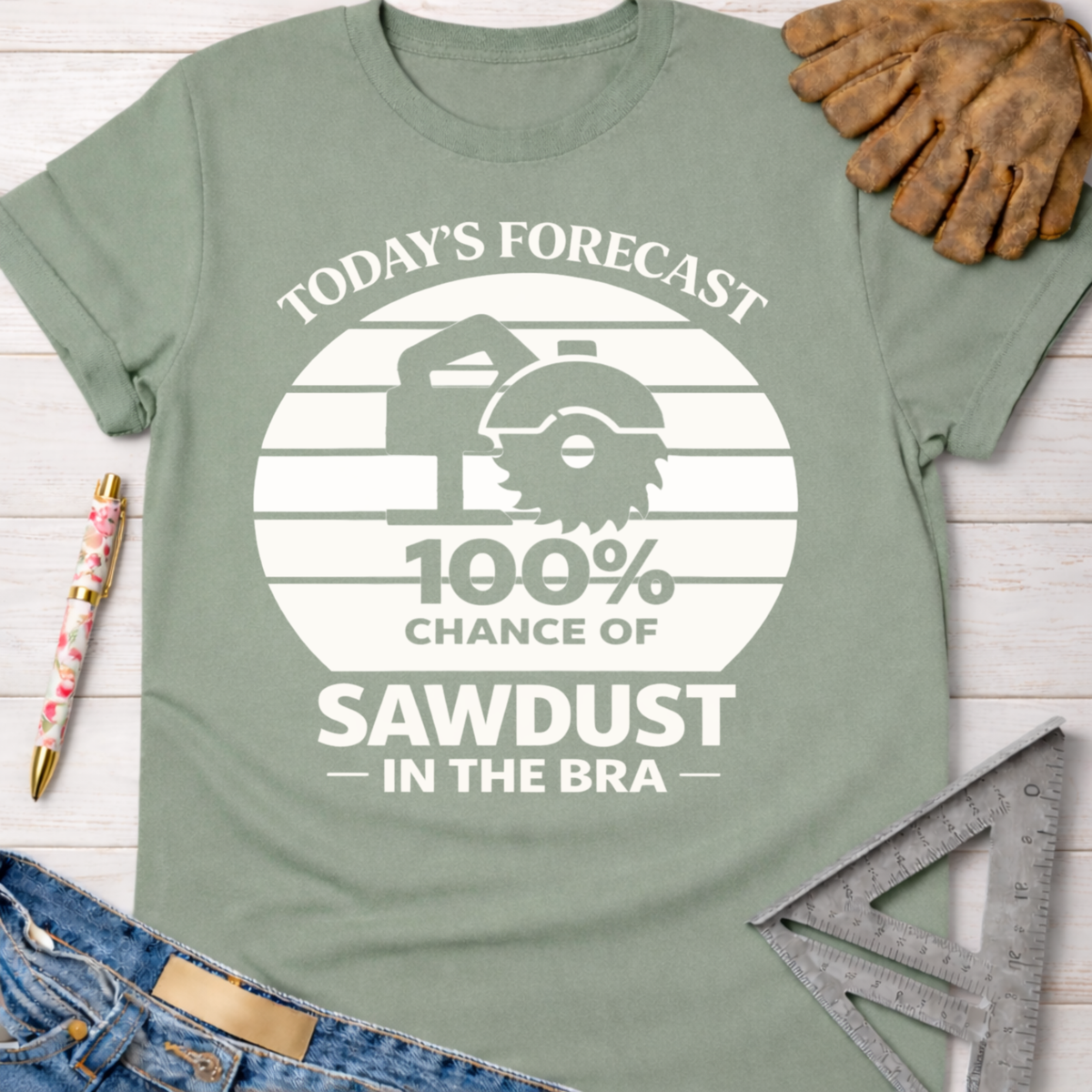 Women's funny woodworking graphic tee shirt for female woodworkers, makers, and DIY builders — Sawdust & Ponytails.