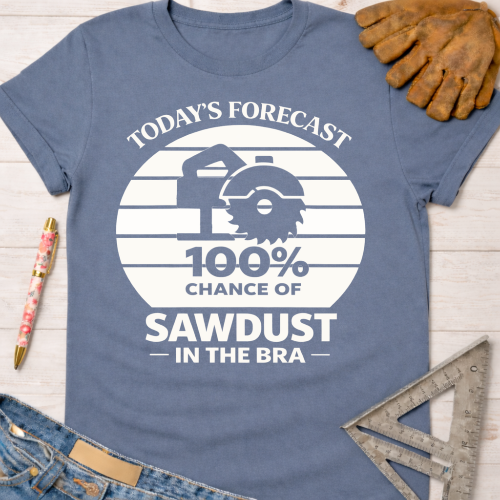 Women's funny woodworking graphic tee shirt for female woodworkers, makers, and DIY builders — Sawdust & Ponytails.