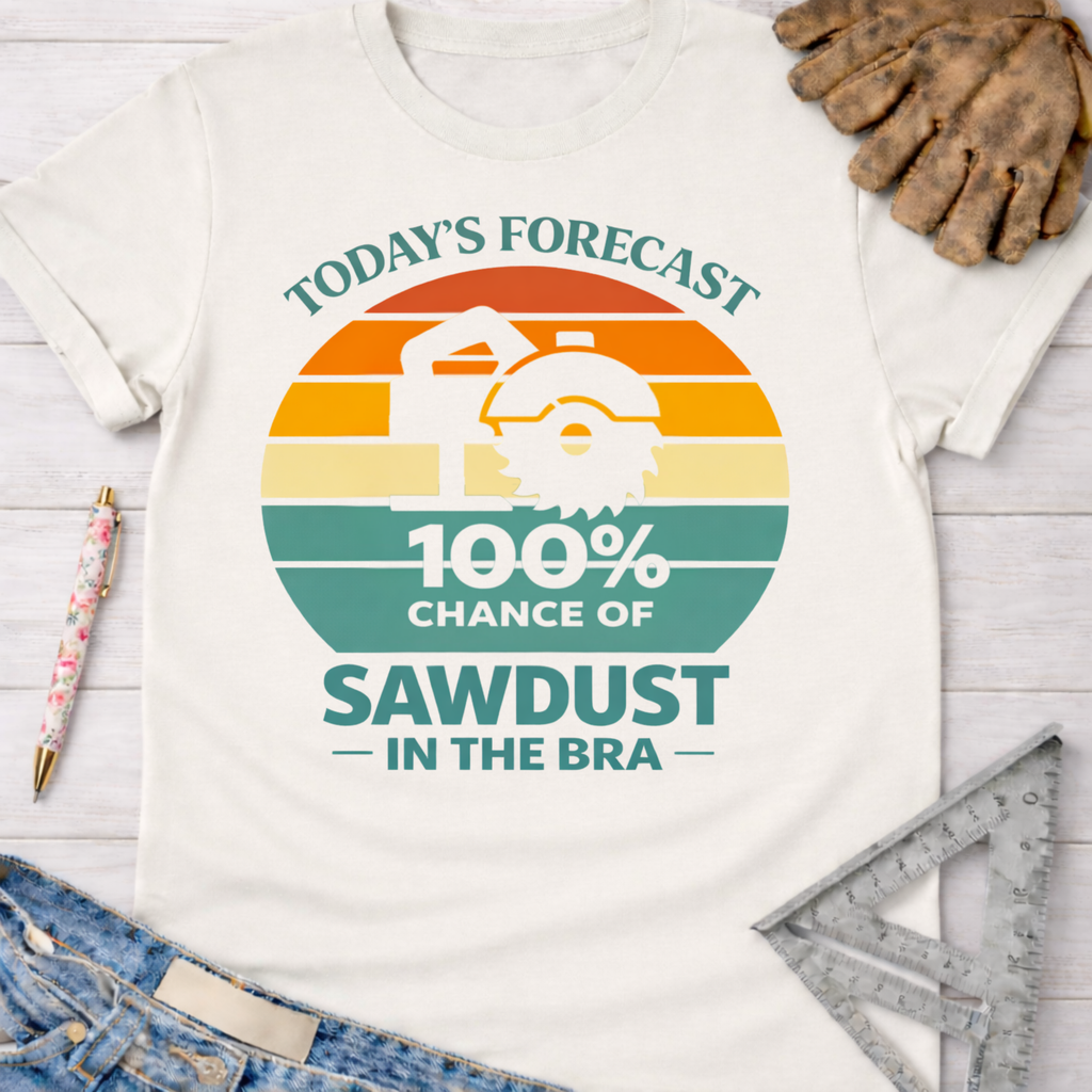 Women's funny woodworking graphic tee shirt for female woodworkers, makers, and DIY builders — Sawdust & Ponytails. White cotton t-shirt with a retro sunset graphic and text: "Today's Forecast 100% Chance of Sawdust in the Bra.