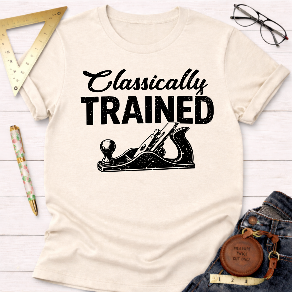 Women's funny woodworking graphic tee shirt for female woodworkers, makers, and DIY builders — Sawdust & Ponytails. Cream t-shirt with "Classically TRAINED" text and hand plane graphic.