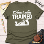 Women's funny woodworking graphic tee shirt for female woodworkers, makers, and DIY builders — Sawdust & Ponytails. Olive green cotton tee with "Classically Trained" and hand plane graphic.