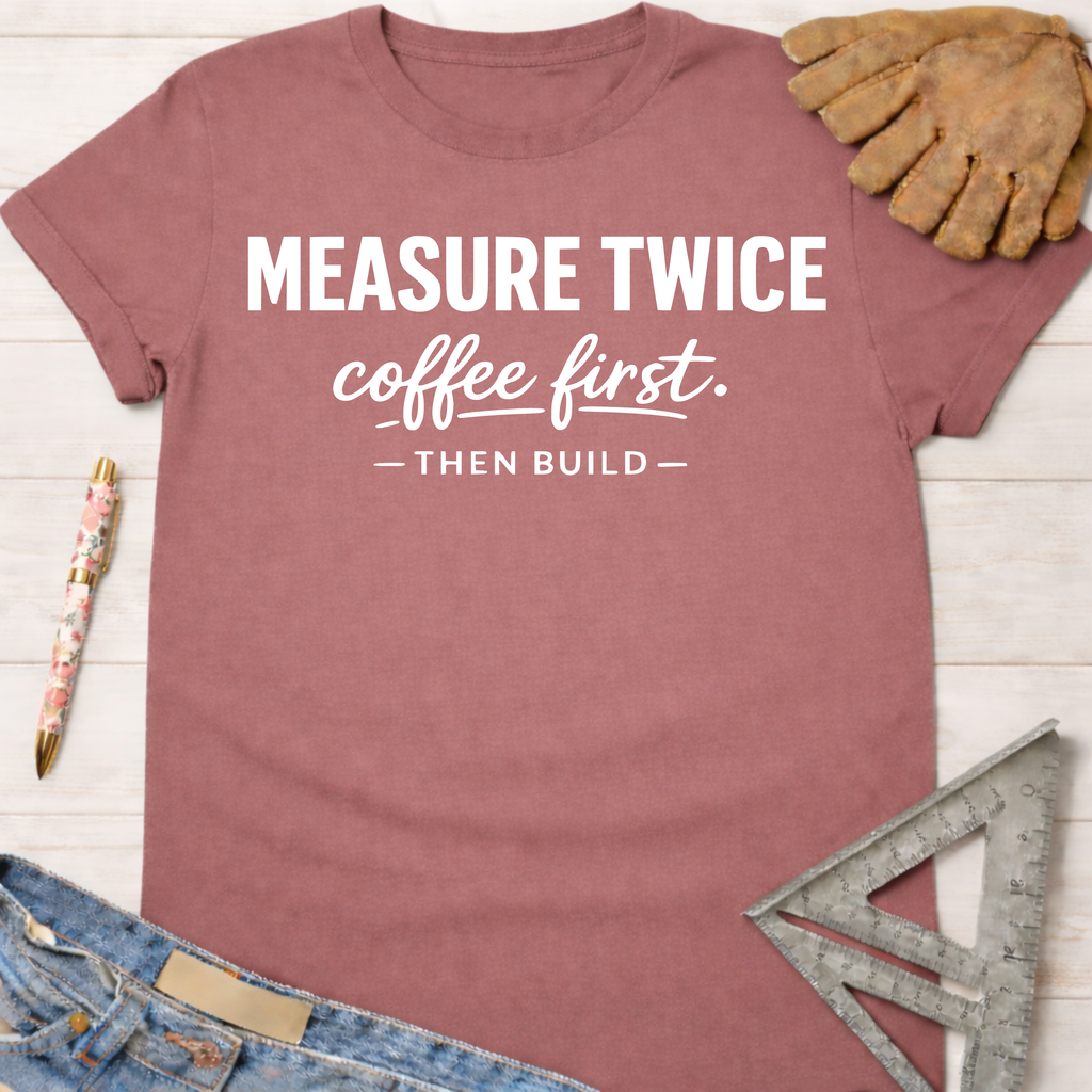 Women's funny woodworking graphic tee shirt for female woodworkers, makers, and DIY builders — Sawdust & Ponytails. Mauve cotton t-shirt with "MEASURE TWICE coffee first. — THEN BUILD —" text, next to a work glove and ruler.