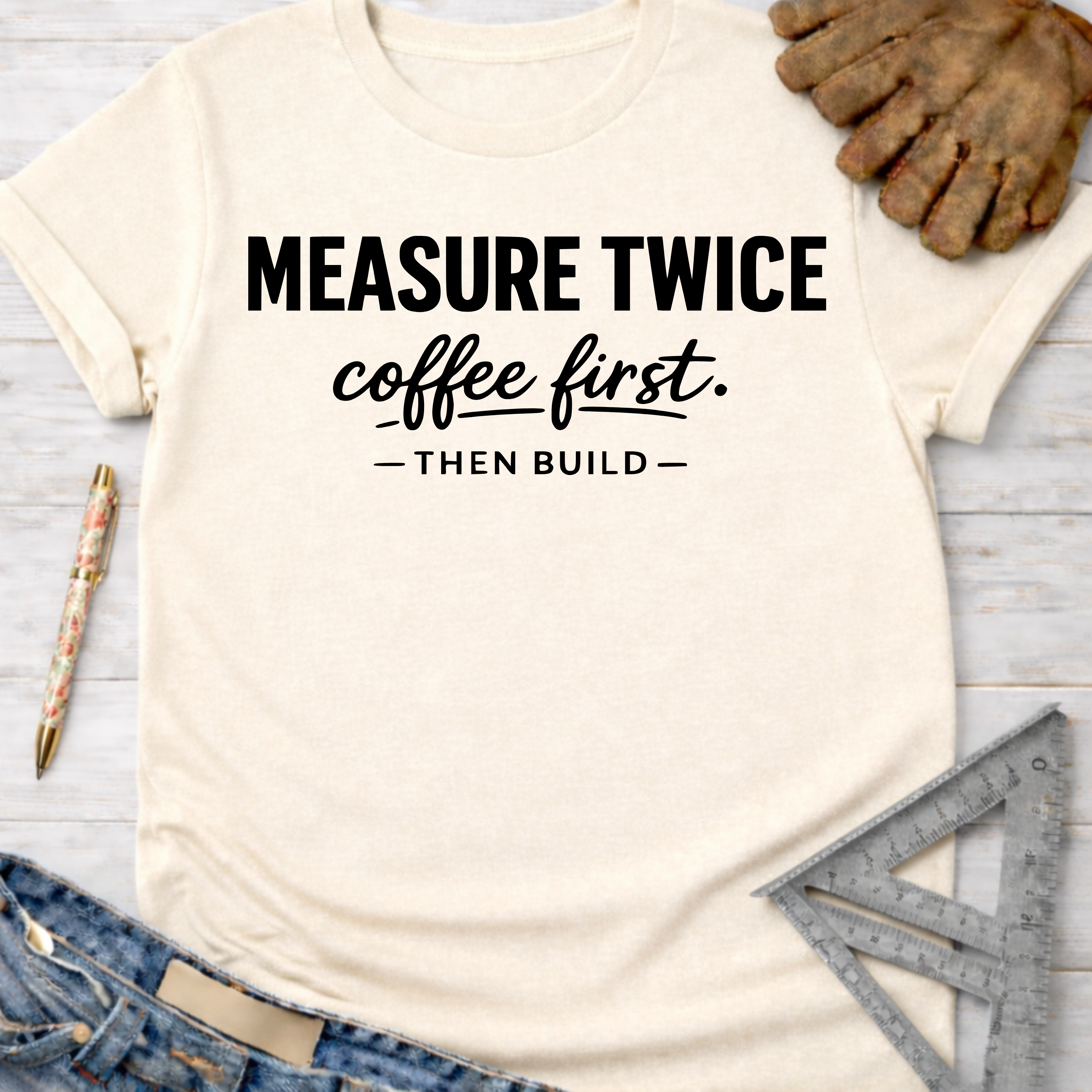 Women's funny woodworking graphic tee shirt for female woodworkers, makers, and DIY builders — Sawdust & Ponytails. Cream t-shirt with "MEASURE TWICE coffee first. — THEN BUILD —" in black text.