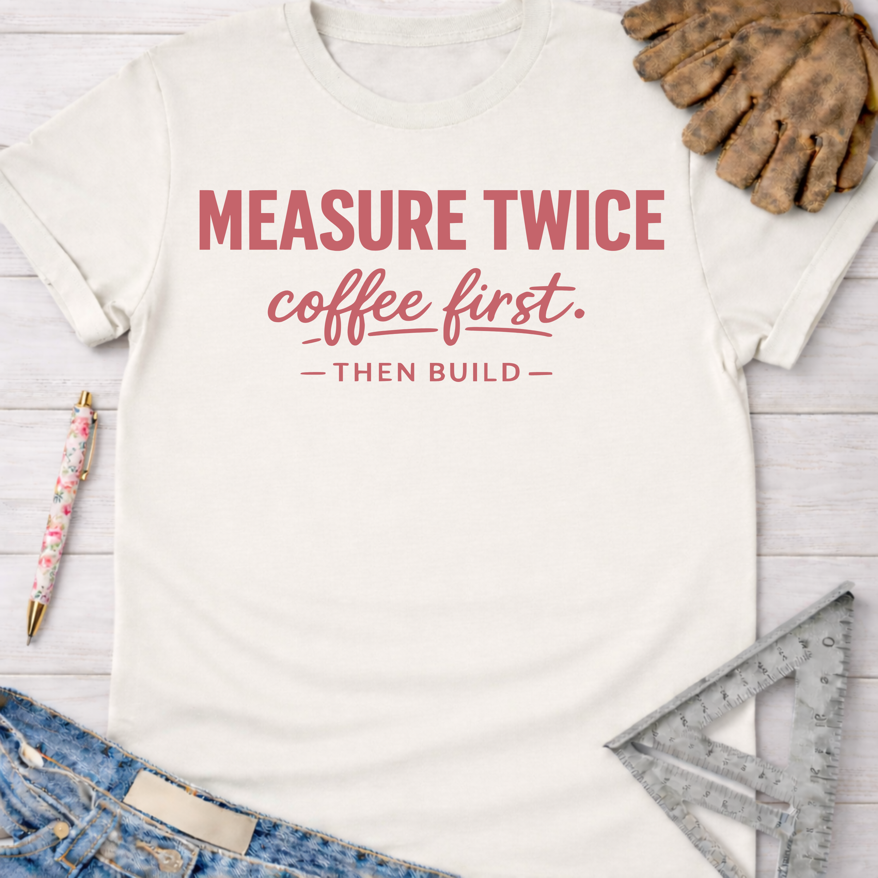 Women's funny woodworking graphic tee shirt for female woodworkers, makers, and DIY builders — Sawdust & Ponytails. Off-white cotton tee with "Measure Twice coffee first. — THEN BUILD —" in red.
