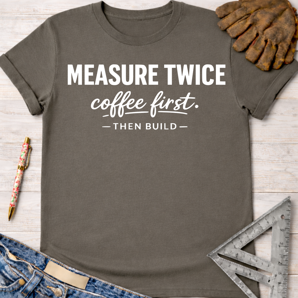 Women's funny woodworking graphic tee shirt for female woodworkers, makers, and DIY builders — Sawdust & Ponytails. Charcoal gray cotton tee with "MEASURE TWICE coffee first. — THEN BUILD —" in white text.