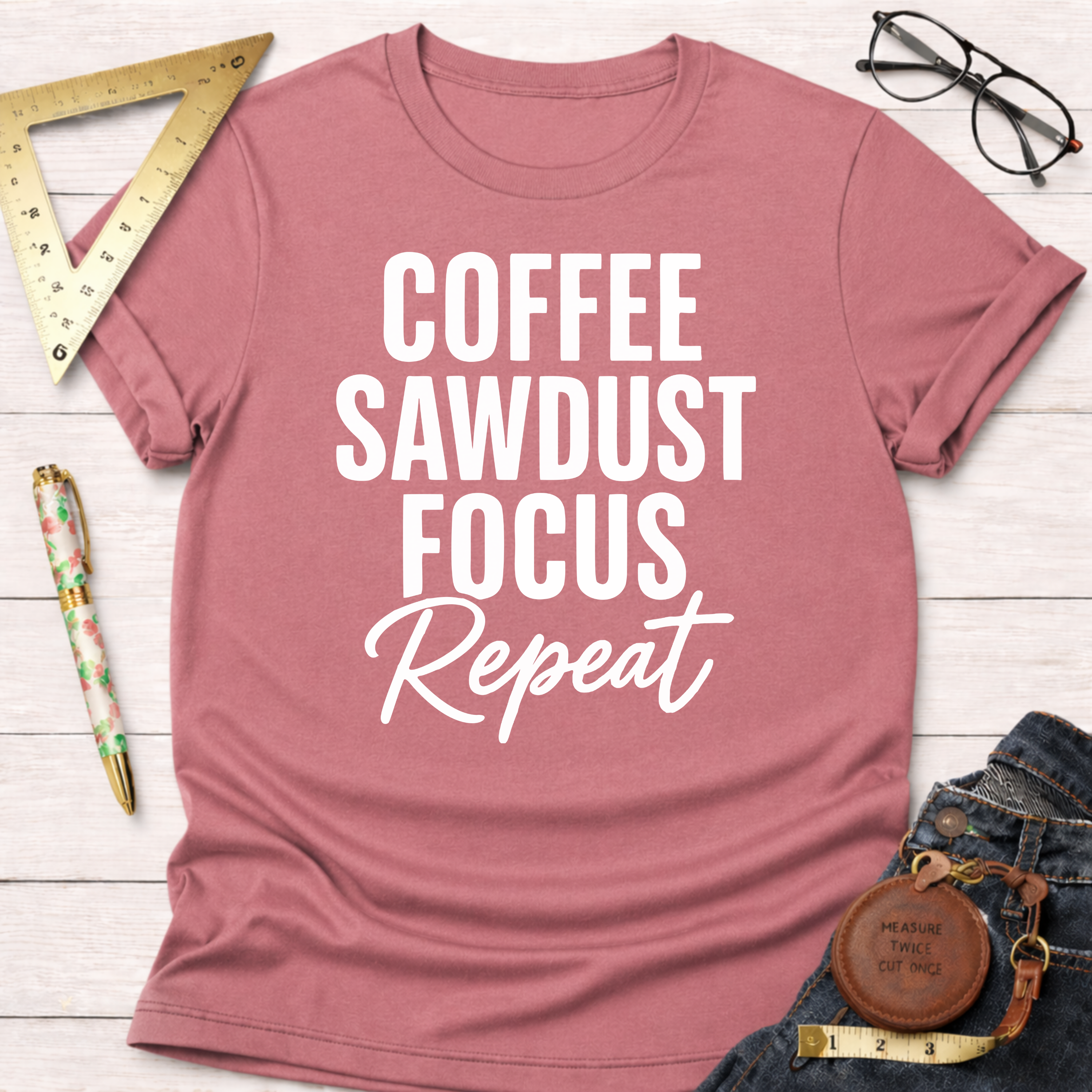 Pink short-sleeve t-shirt with "Coffee Sawdust Focus Repeat" in white text, styled with jeans and tools.