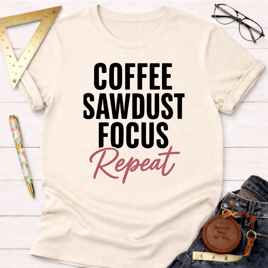 Cream cotton t-shirt with "COFFEE SAWDUST FOCUS" in black and "Repeat" in pink script.