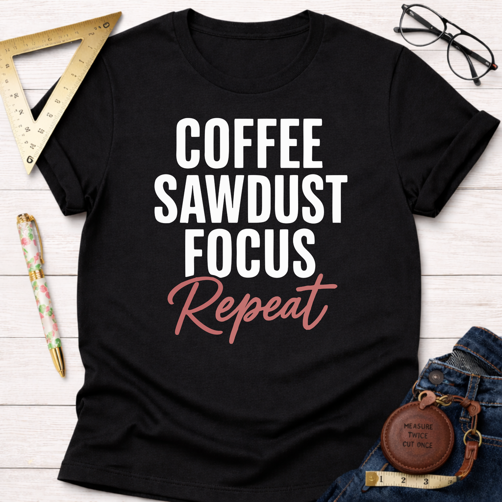 Black cotton t-shirt with "Coffee Sawdust Focus Repeat" text, styled with jeans, ruler, and glasses.