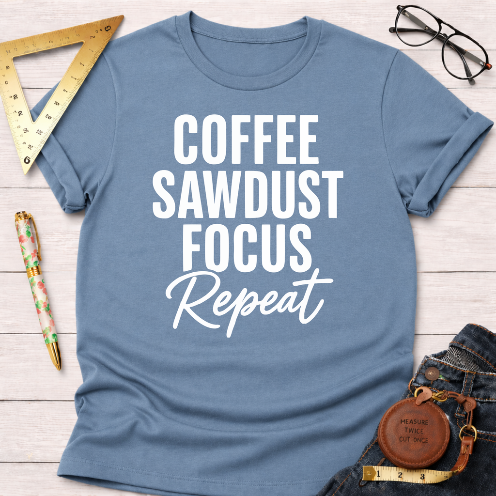 Light blue cotton t-shirt with "Coffee Sawdust Focus Repeat" in white text, styled with jeans and tools.