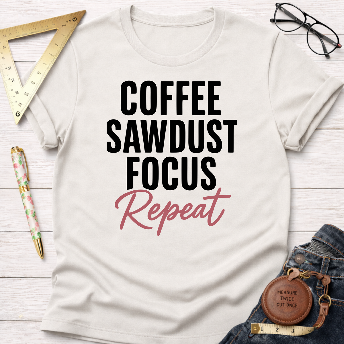 Cream cotton t-shirt with "Coffee Sawdust Focus Repeat" in black and pink text, styled with jeans and tools.