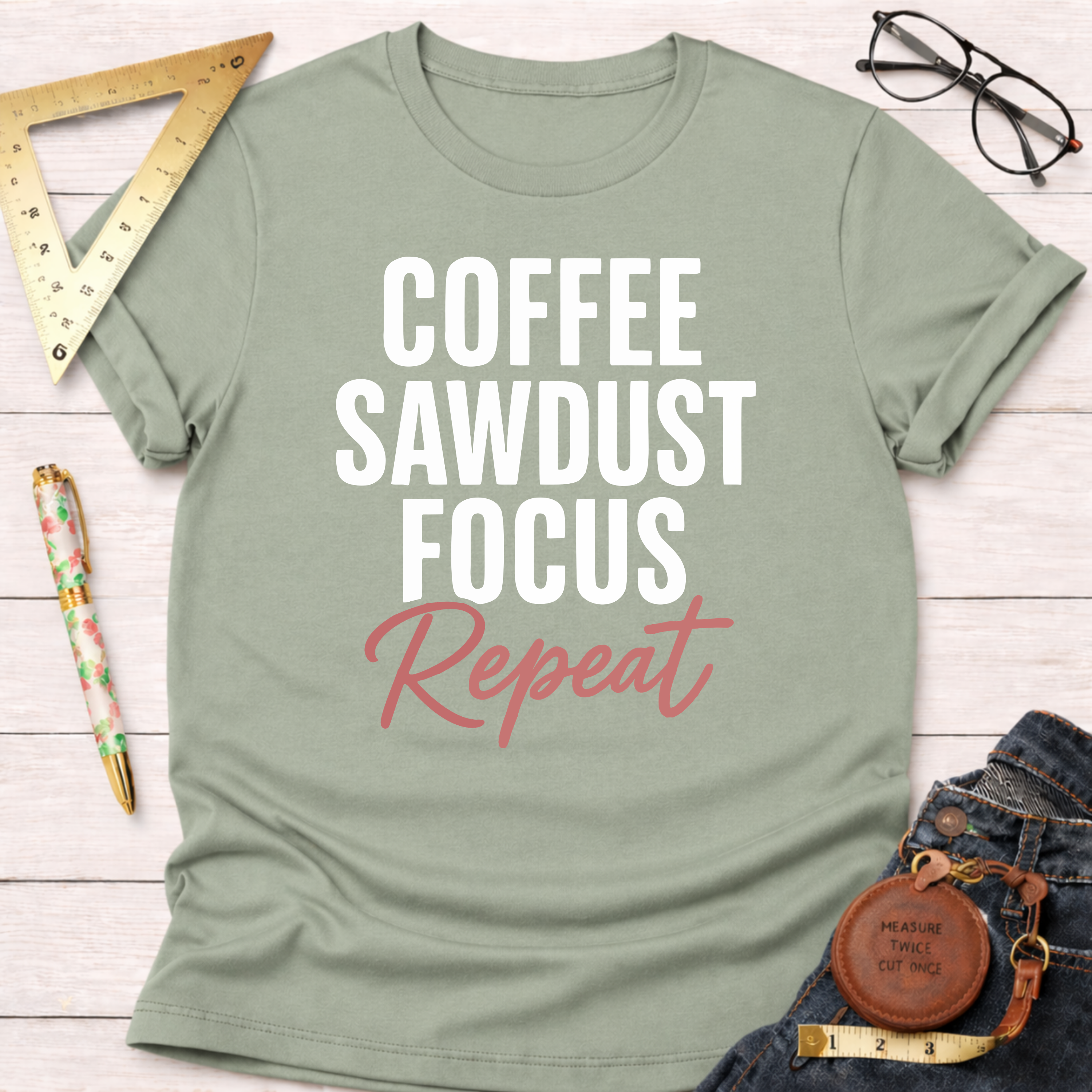 Sage green cotton t-shirt with "COFFEE SAWDUST FOCUS" in white and "Repeat" in pink.