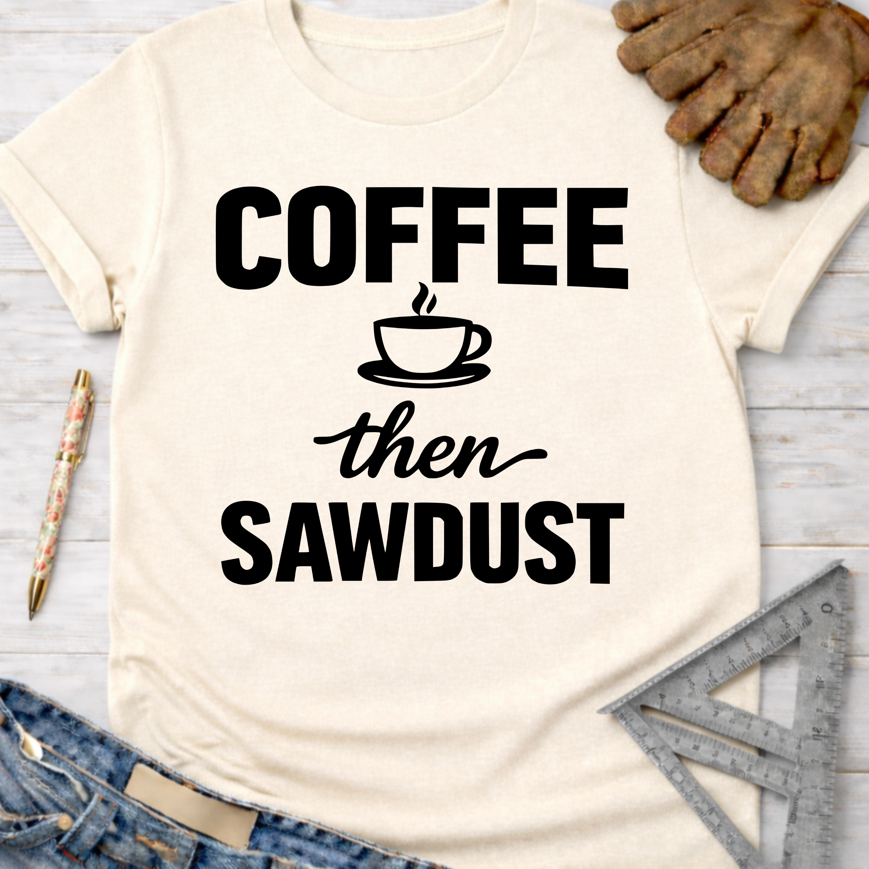Women's funny woodworking graphic tee shirt for female woodworkers, makers, and DIY builders — Sawdust & Ponytails. Cream t-shirt with "Coffee then Sawdust" text.