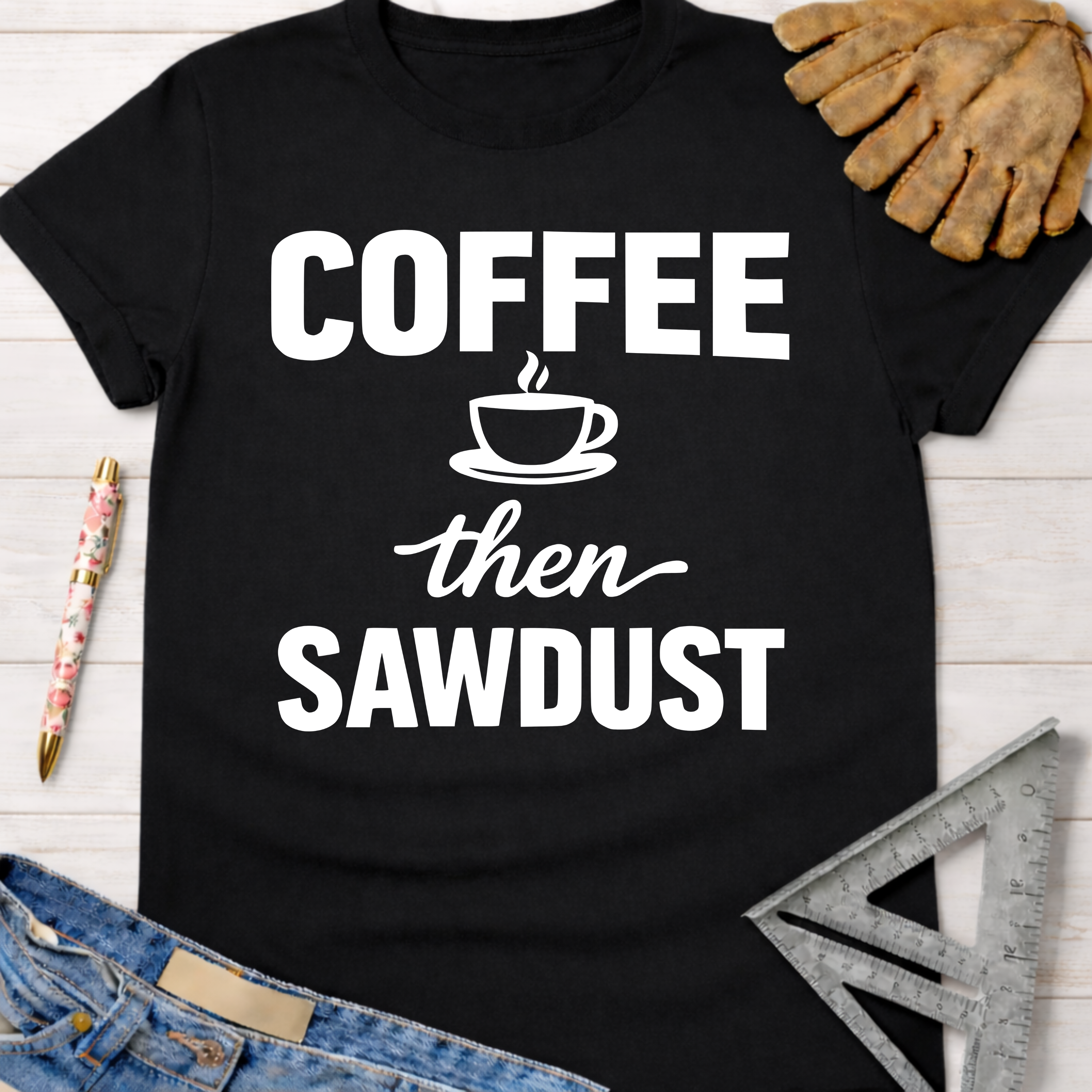 Black women's funny woodworking graphic tee with "Coffee then Sawdust" text, coffee cup icon, and work gloves.