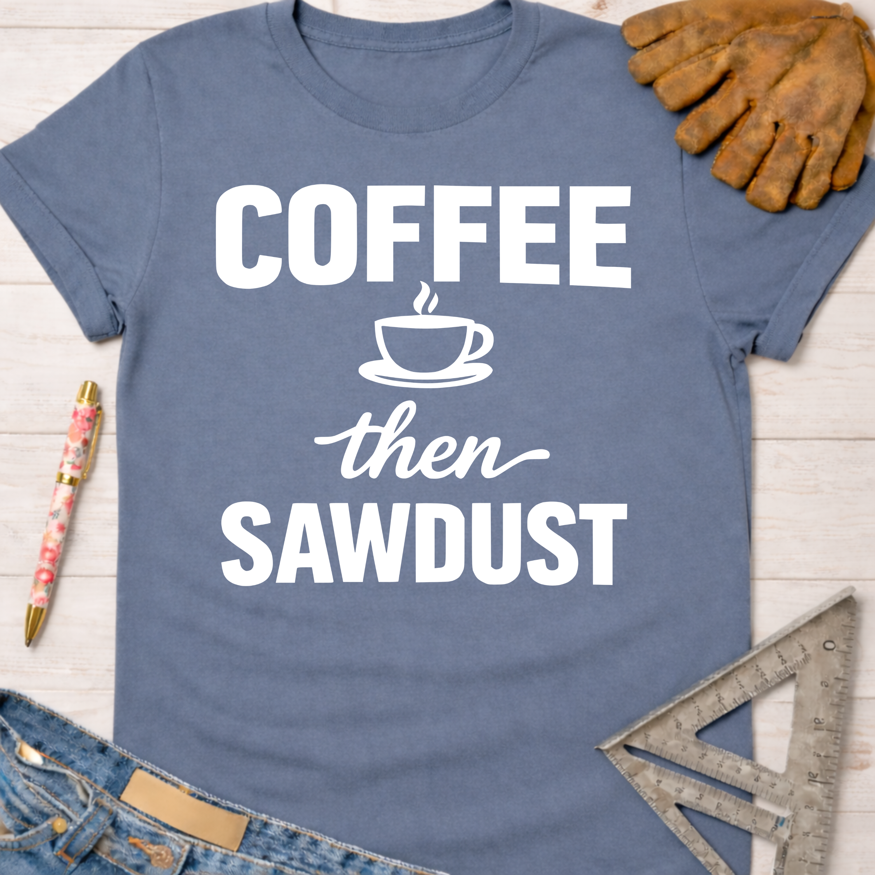 Women's funny woodworking graphic tee shirt for female woodworkers, makers, and DIY builders — Sawdust & Ponytails. Blue cotton tee with "COFFEE then SAWDUST" text and cup graphic.